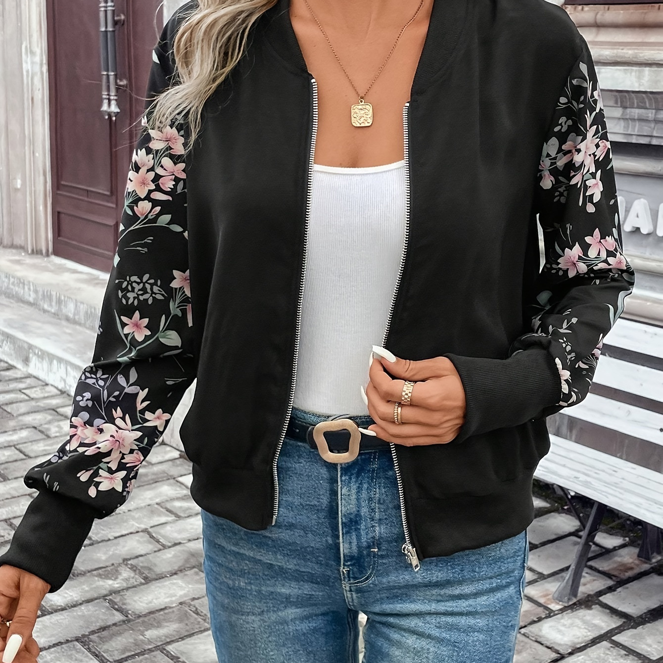 

Floral Print Zip Up Jacket, Elegant Long Sleeve Baseball Collar Jacket For Spring & Fall, Women's Clothing