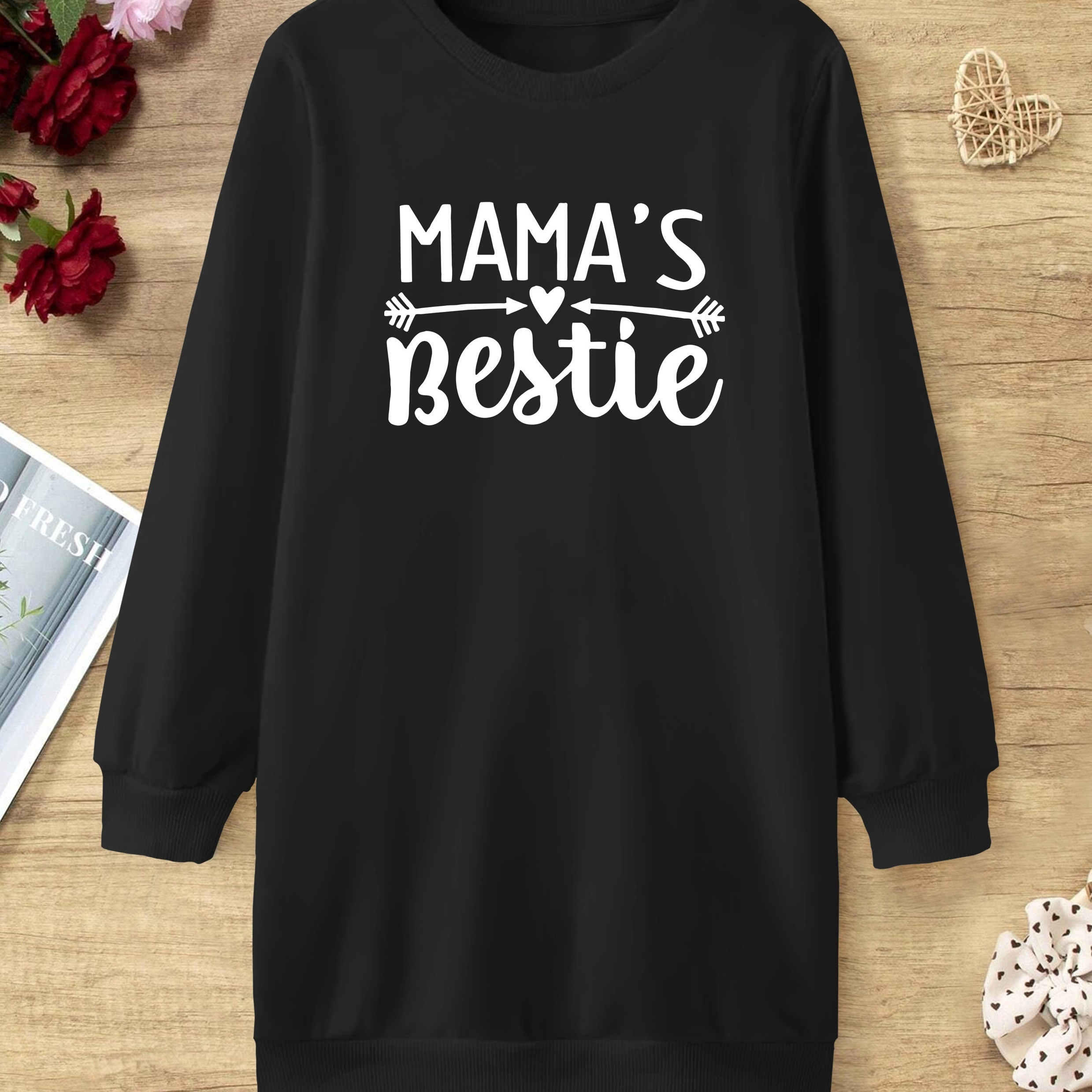 

Girl Dress ''mama's Bestie'' Letter Graphic Pullover Sweatshirt Dresses For Fall/ Spring, Children Clothing Gift
