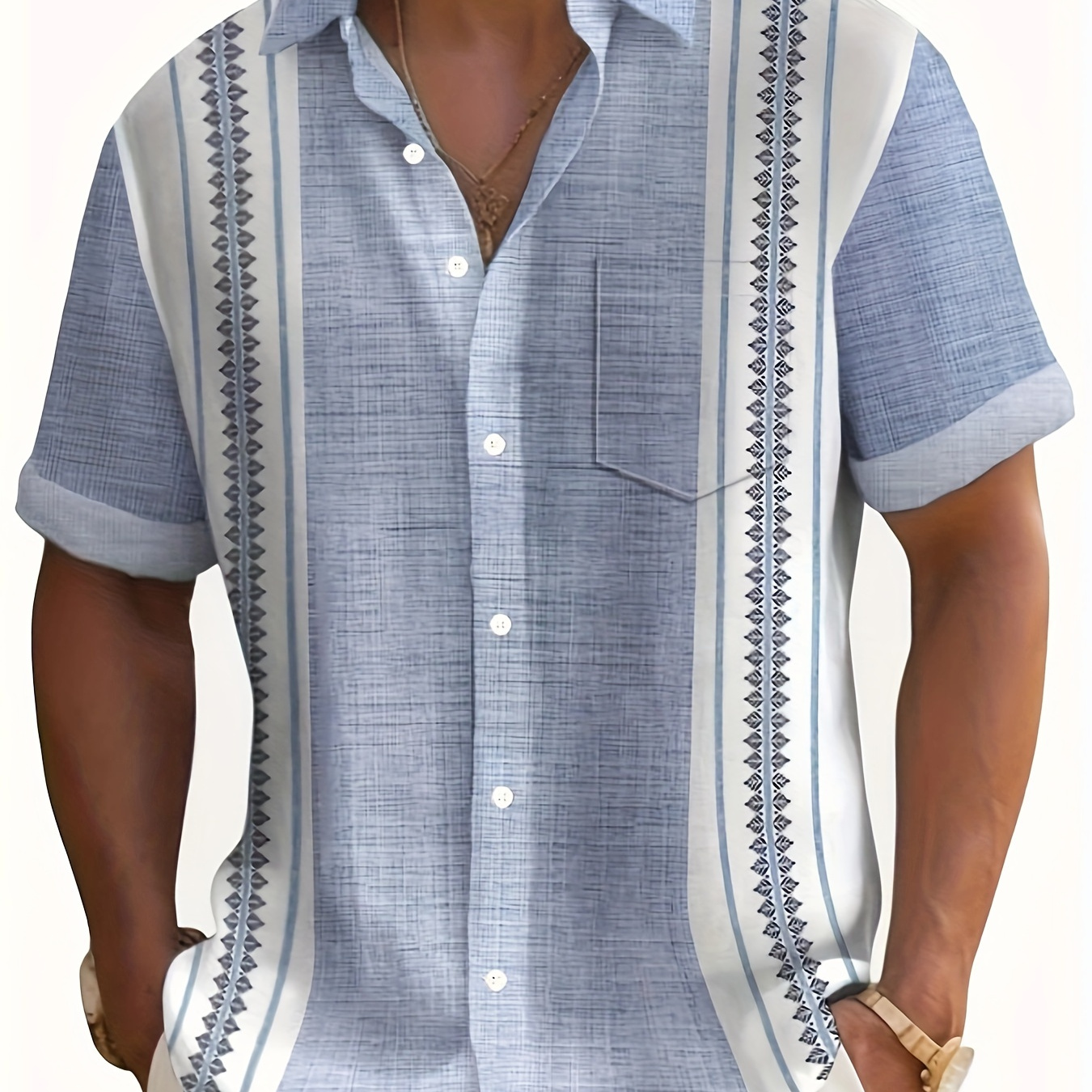 

Stylish Stripe Print Button Up Shirt, Men's Comfy Short Sleeve Shirt, Comfort Fit For Summer Vacation And Casual Wear