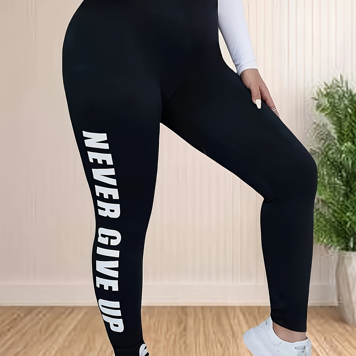 

Plus Size High Stretch Leggings For Women With 'never Give Up' Print, Casual Polyester Spandex Knit Skinny Pants For All Seasons