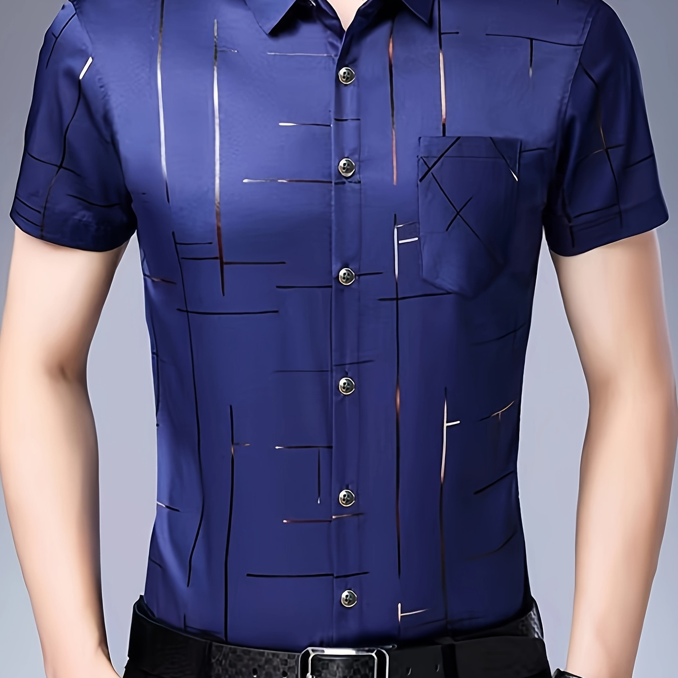 

Men's Trendy Striped Pattern Print Short Sleeve Lapel Shirt Top, Male Casual Button Up Shirt For Summer Casual
