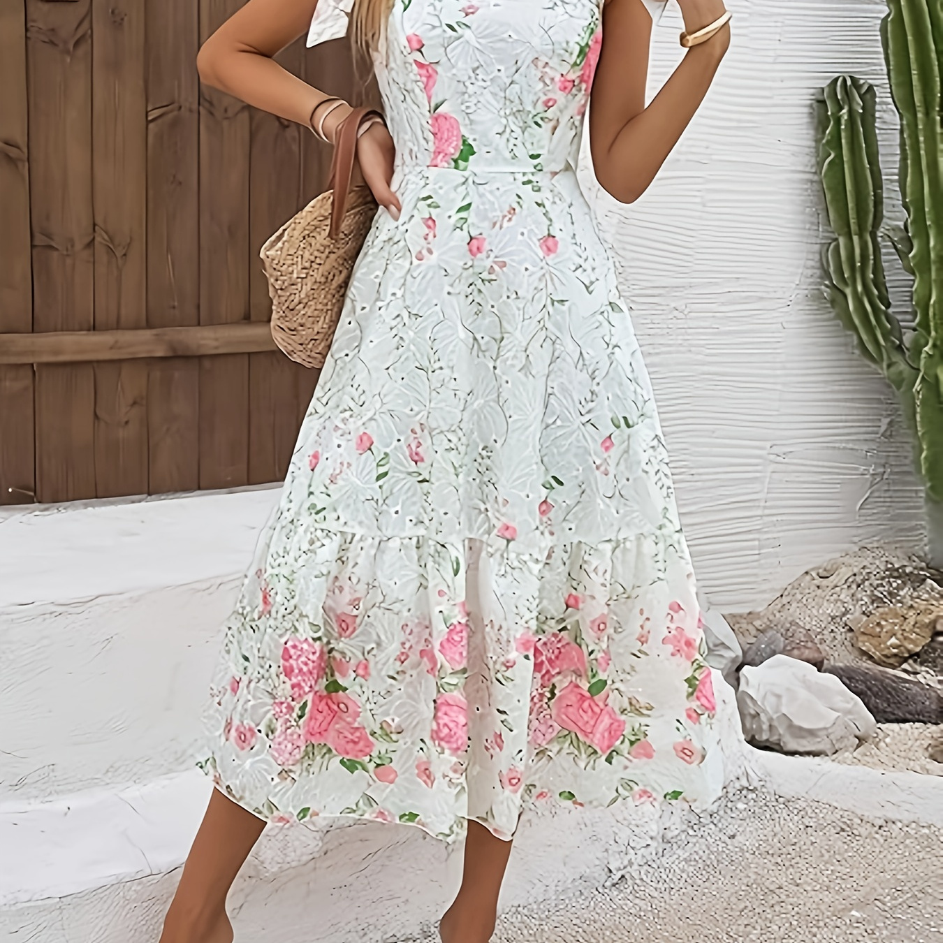 

Women's Floral Embroidered Square Neck Long Dress, Style, Polyester 95% Elastane 5%, Woven Slip With Lace-up Detail, 100g/m² Weight