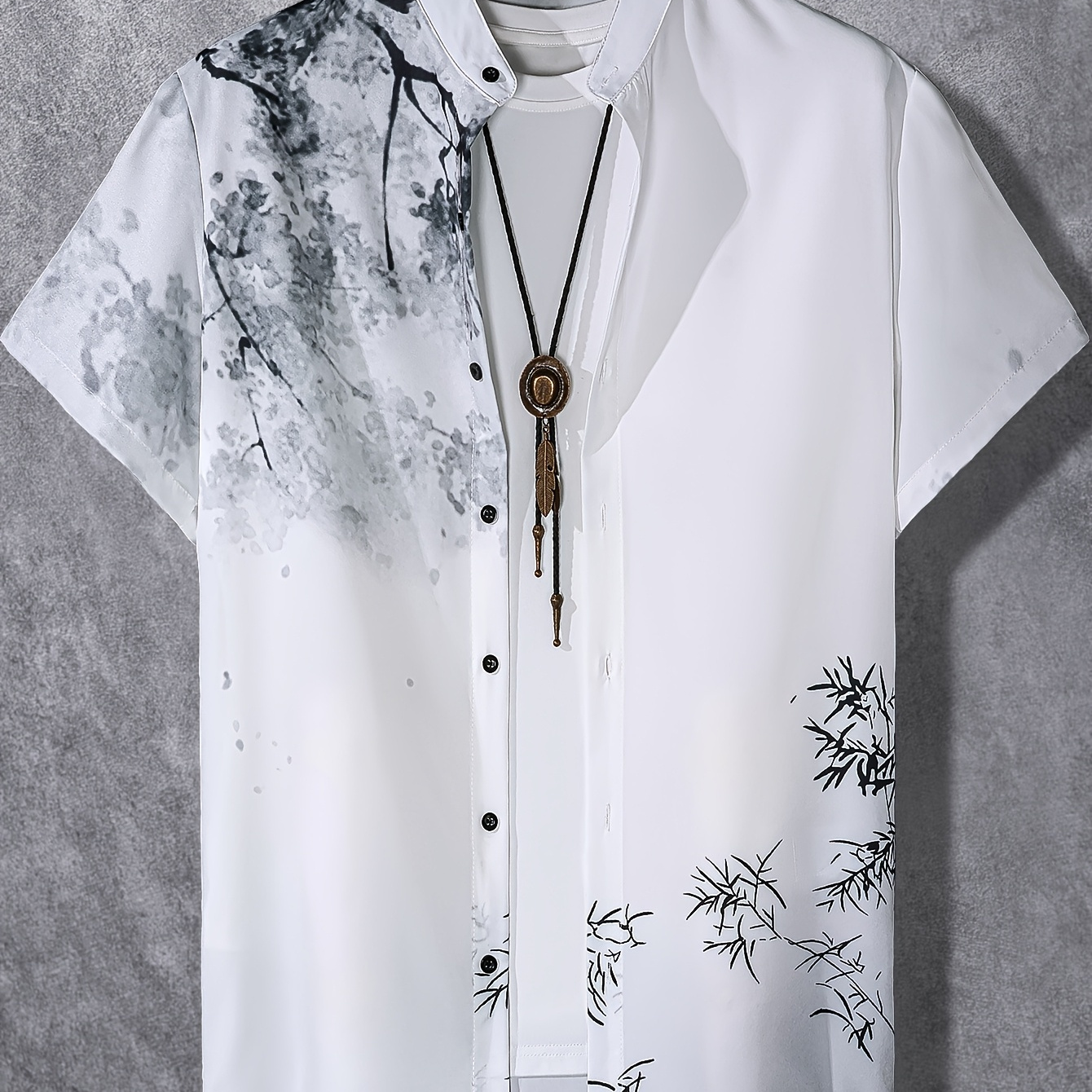 

[trendy ] Elegant Men' Floral Print Shirt - Stylish Short Sleeve With Stand Collar, Lightweight Polyester , Non-stretch, Button-up With Tassel Detail - Ideal For Summer Fashion