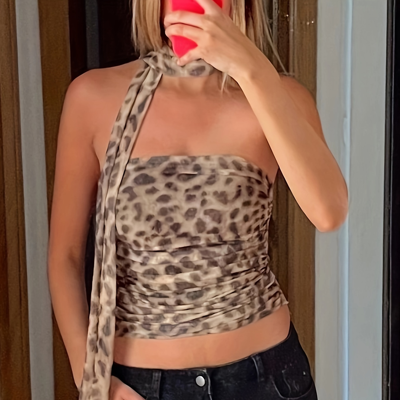 

Leopard Print Slim Fit Tube Top, Casual Strapless Crop Top With , Women's Clothing