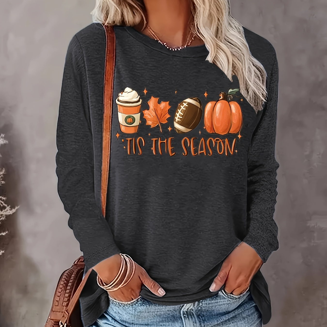 

Pumpkin & Coffee Print Tee, Casual Long Sleeve Crew Neck T-shirt, Women's Clothing