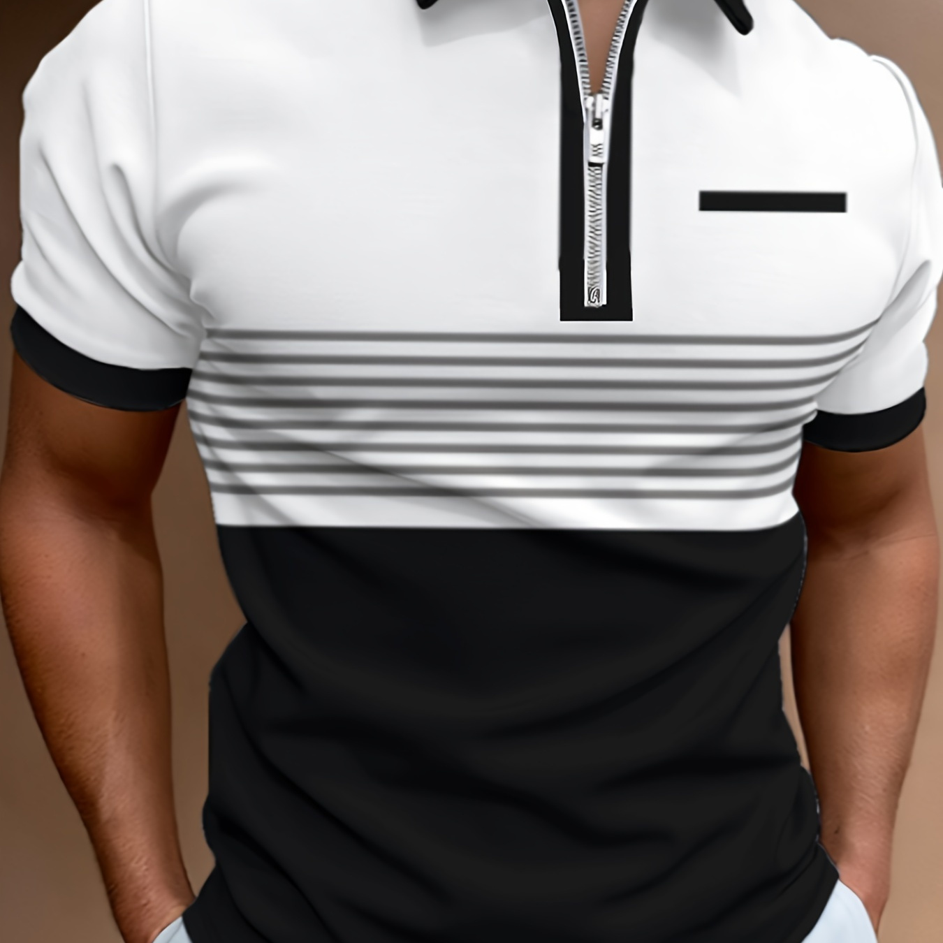 

Men's Trendy Color Block Stripe Print Short Sleeve Zip Up Lapel Shirt For Summer Daily, Stylish Zipper Collar Design T-shirt