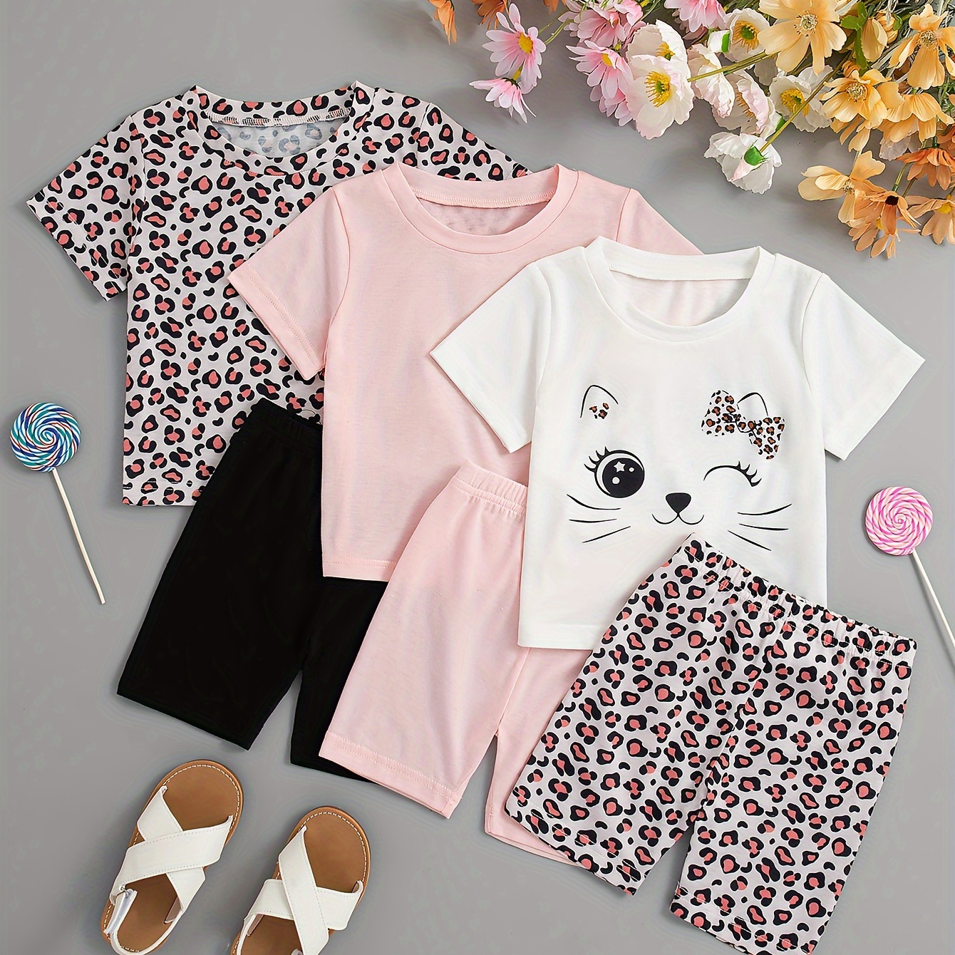 

3 Sets Baby's Short Sleeve Summer Outfit, T-shirt & Shorts Set, Solid Color & Cartoon Kitten & Leopard Pattern, Toddler & Infant Girl's Clothes For Daily/holiday, As Gift