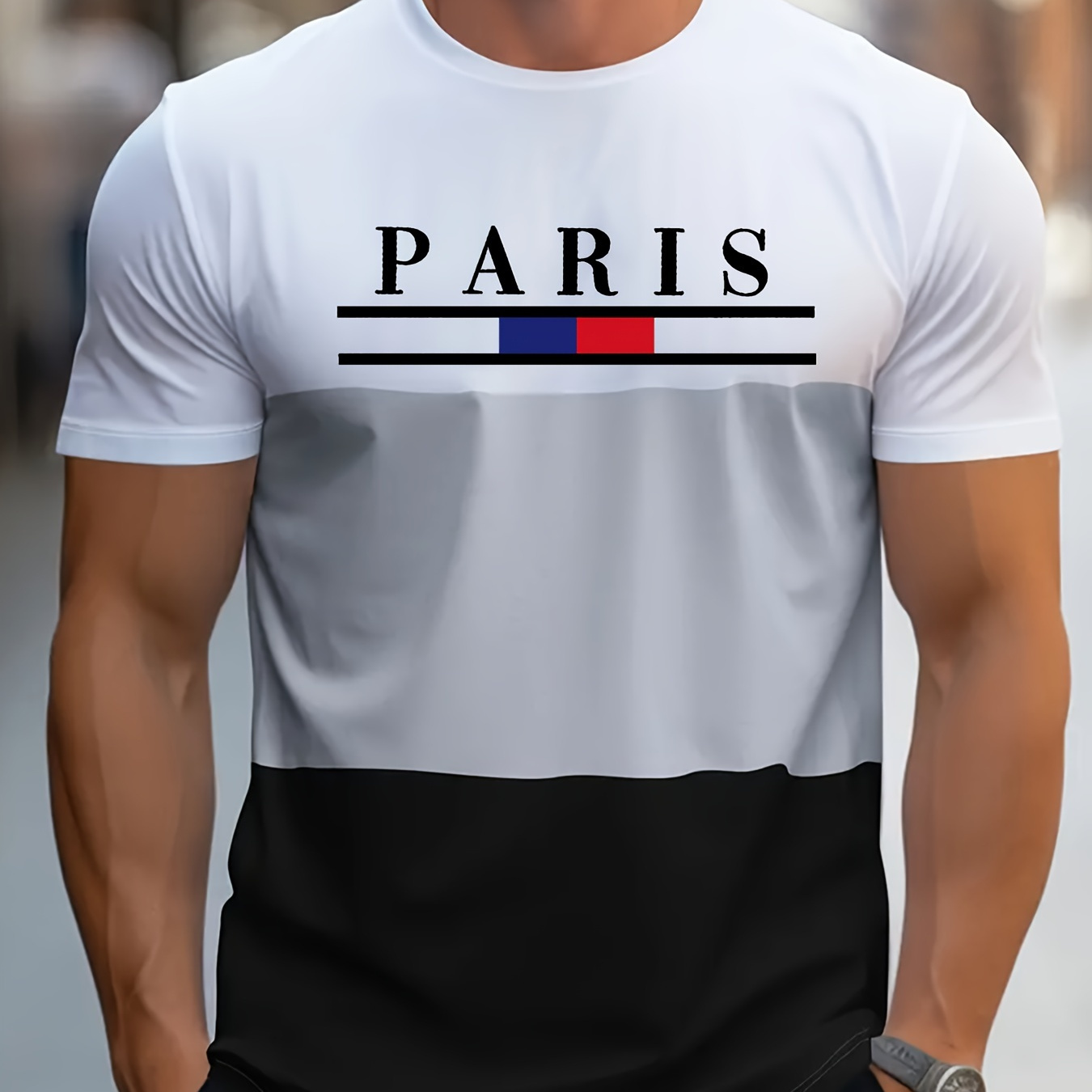 

Men's Paris-inspired T-shirt - Stretchy Polyester , Crew Neck, Short Sleeve, Lightweight Knit Fabric For Spring/summer Fashion & Sports