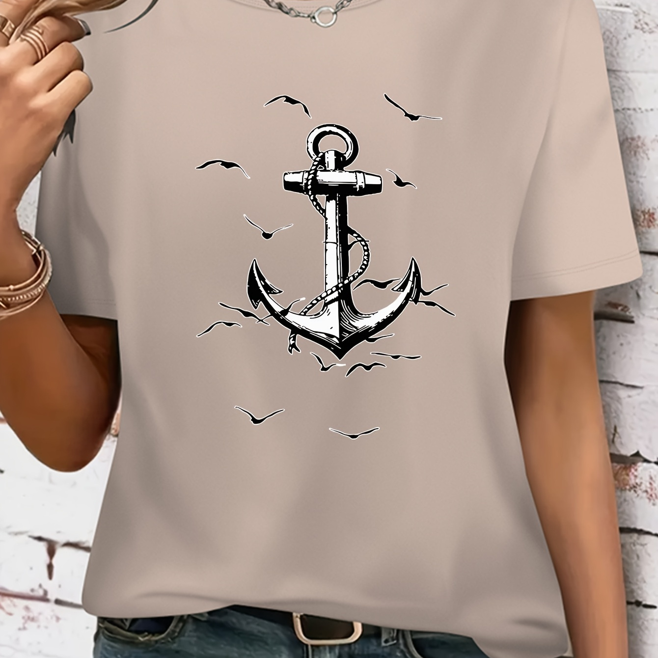 

1pc Women's Casual Crew Neck T-shirt With And , Short Sleeve, Knit Fabric, Medium Stretch, Polyester 95% Spandex 5%, All Top