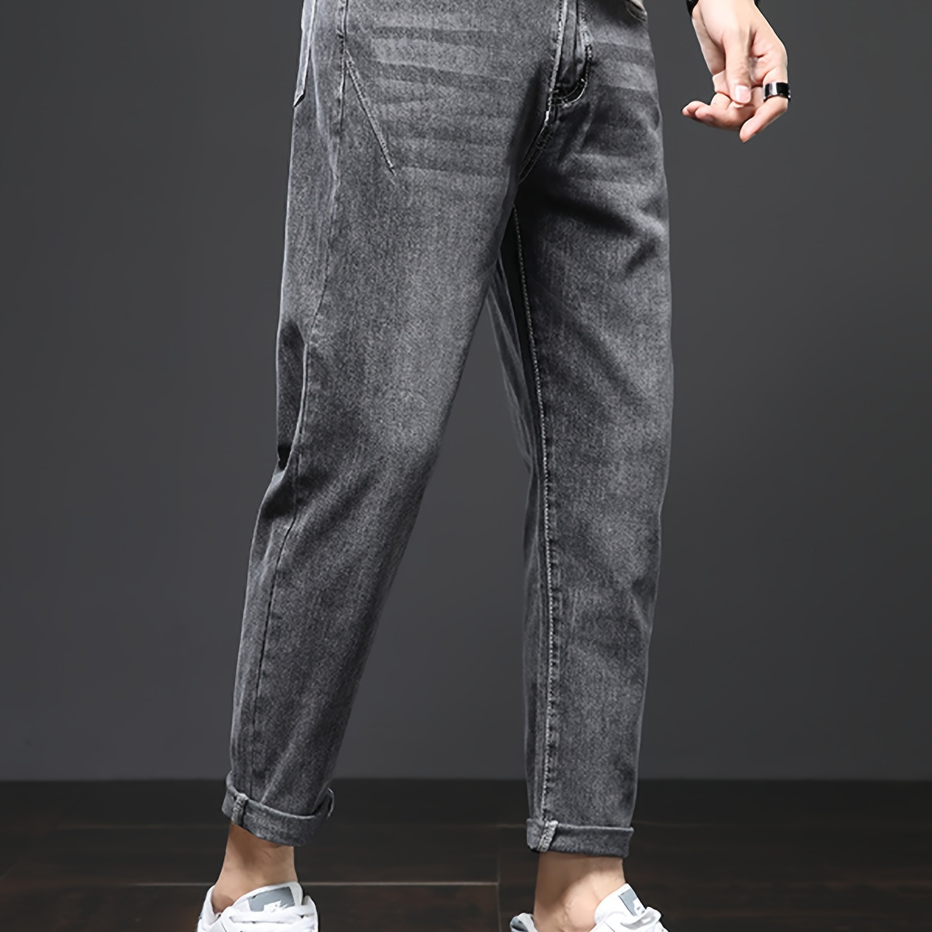 

Men's Solid Washed Denim Trousers With Pockets, Causal Cotton Blend Cropped Jeans For Outdoor Activities