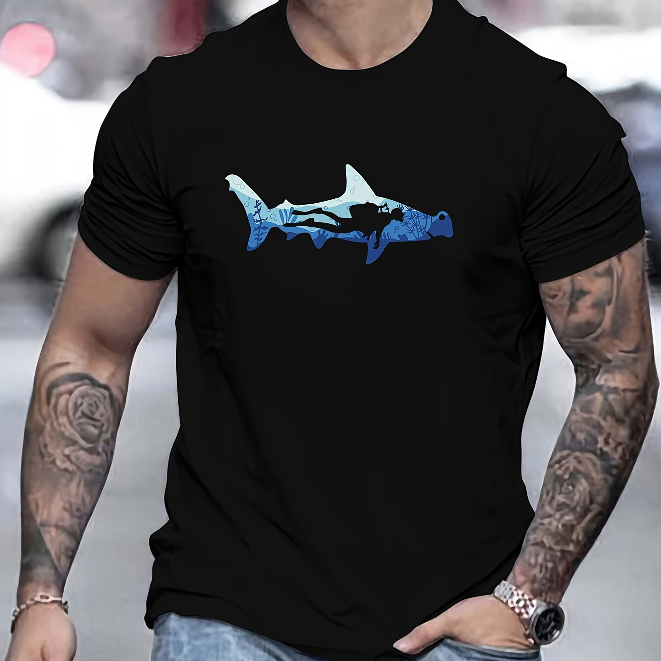 

Shark And Diver Print T Shirt, Tees For Men, Casual Short Sleeve T-shirt For Summer
