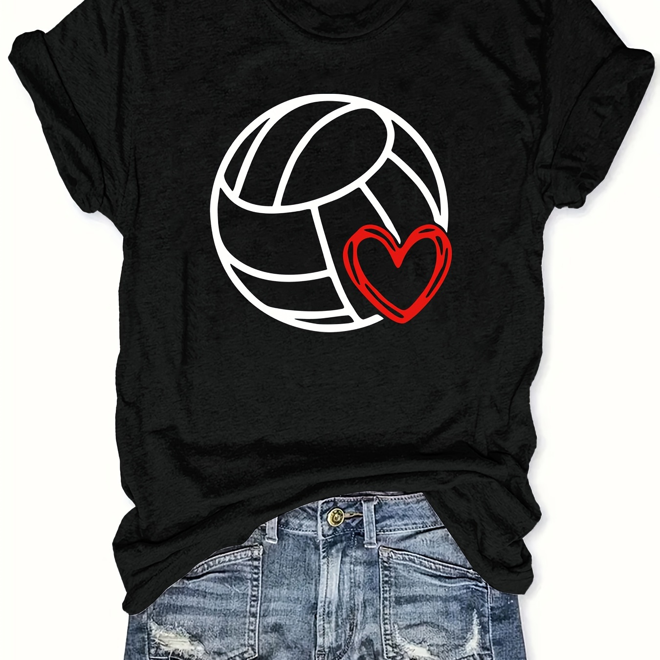 

Casual Wear| Women's Volleyball Heart Graphic T-shirt - Casual Crew Neck, Short Sleeve, Black Polyester Top With White & Red Print, Summer & Spring