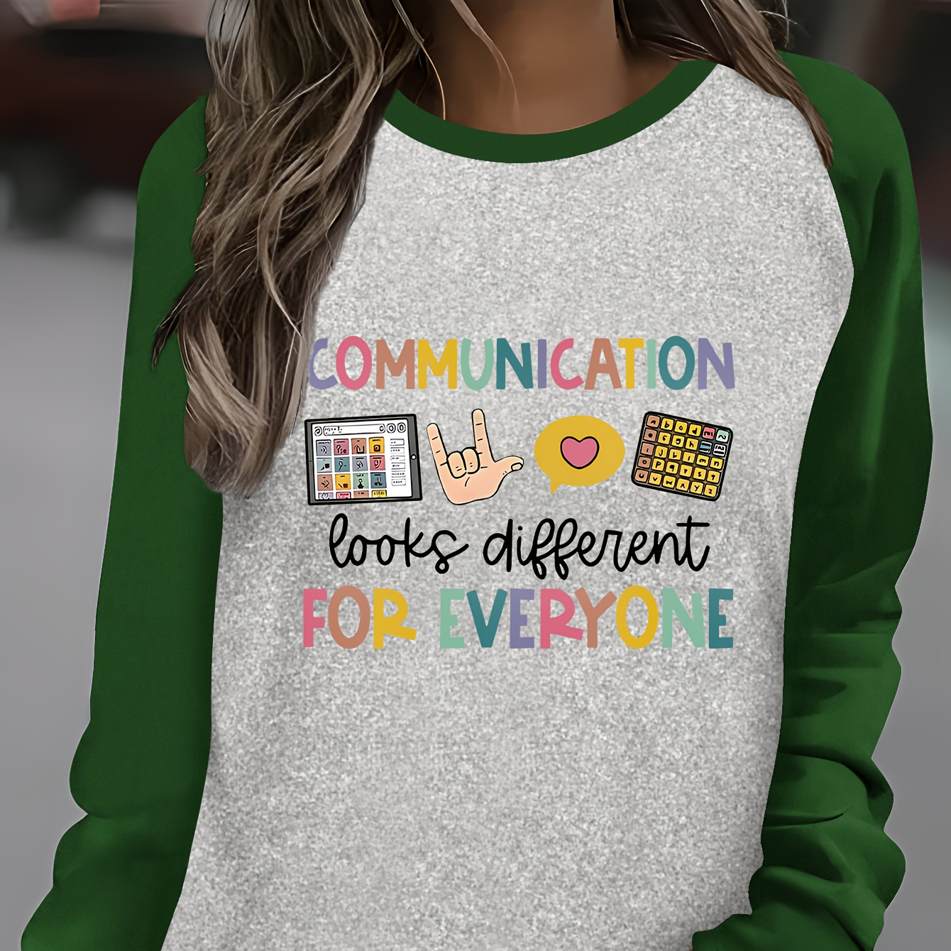 

Communication Raglan Long Sleeve T-shirt - Casual Crew Neck Polyester Knit Fabric Top With Applique