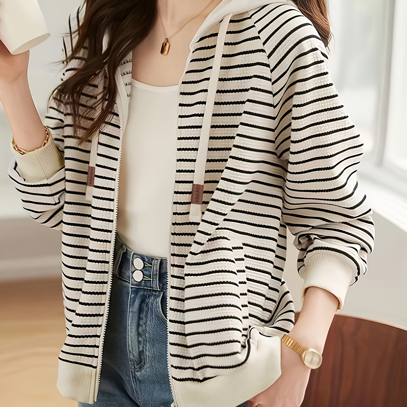 

Striped Print Hooded Jacket, Casual Drawtring Zip Up Long Sleeve Outerwear, Women's Clothing