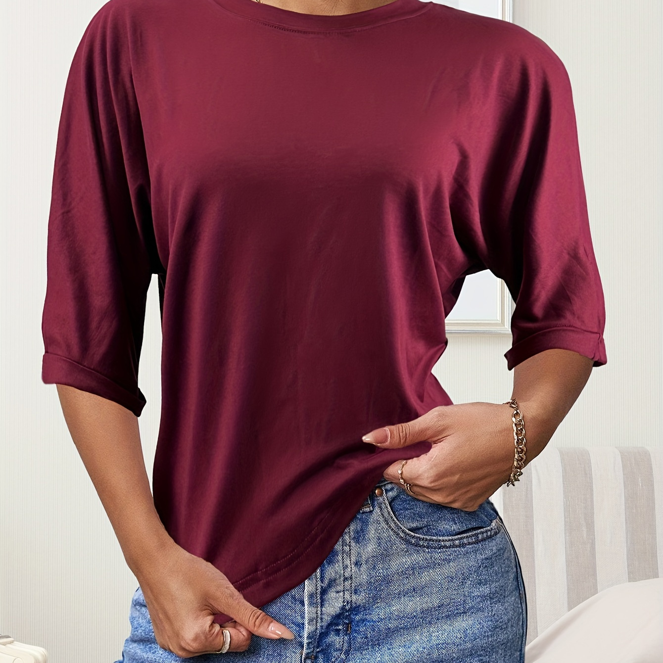 

Solid Print Crew Neck T-shirt, Elegant Three-quarter Sleeve Top For Spring & Summer, Women's Clothing