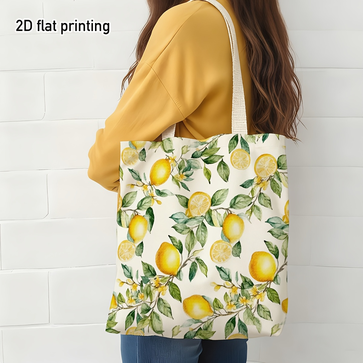 TEMU 2d Flat 1pc Watercolor Durable Tote Bag, Duplex Prints Leaves And Fruits, Ideal For Grocery Shopping, Beach , Weekend Picnics, For Fashionable