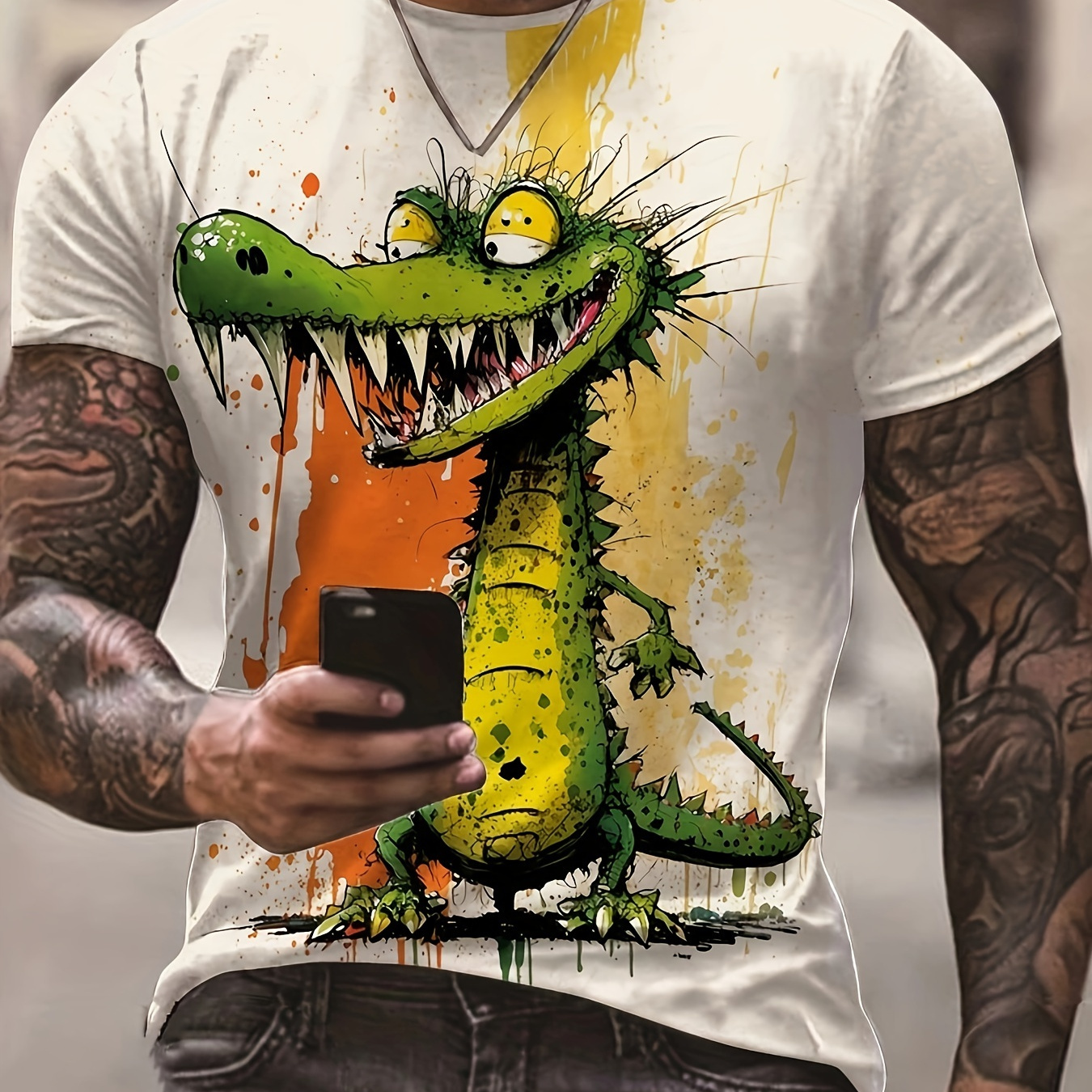 

Comic Style Crocodile And Paint Mark Pattern Crew Neck And Short Sleeve T-shirt, Casual And Chic Tops For Men's Summer Street Wear