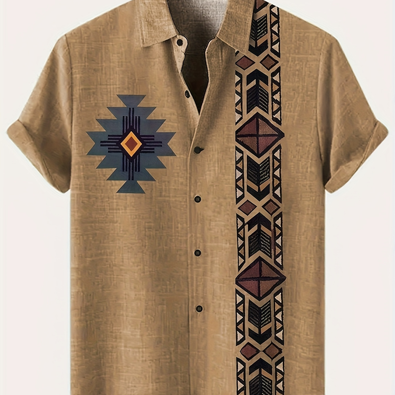 Men's Short-sleeved Shirts, Imitation Shirts, Ethnic Pattern Shirts, Tribal Daily Short-sleeved Cuffed Summer Fashion and Comfortable Clothing, PLUS SIZE