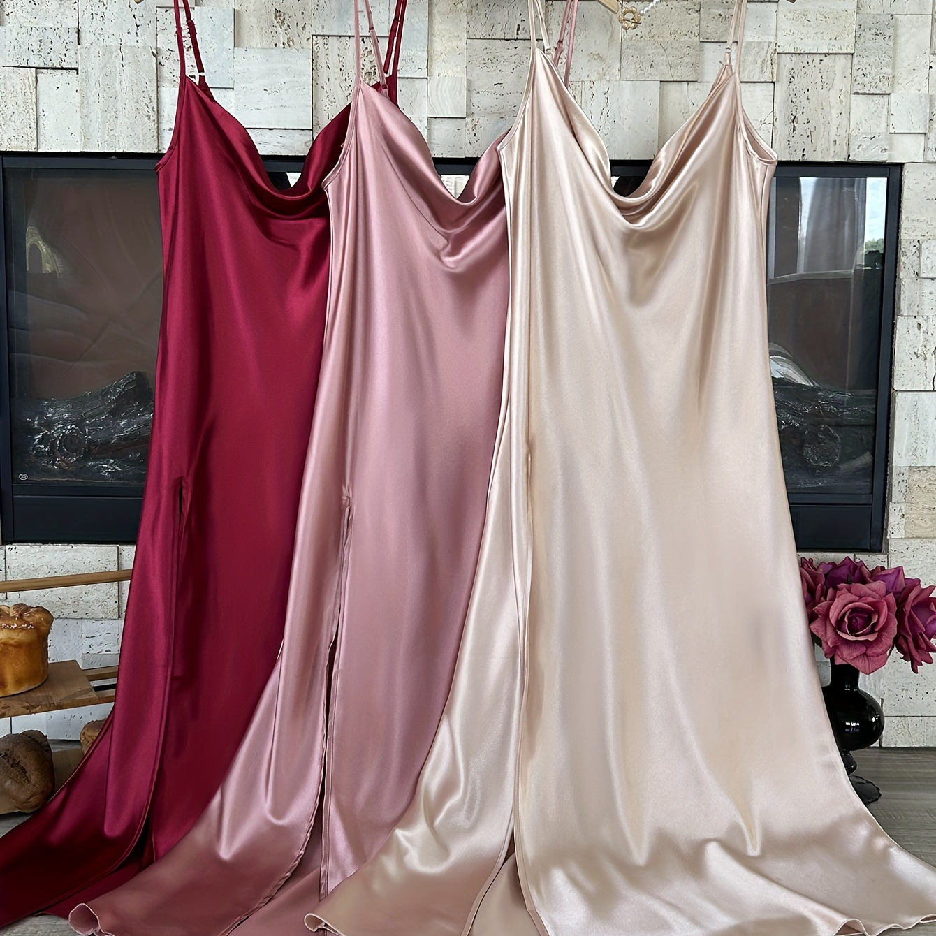 

3pcs Elegant Satin Slip Nightgowns For Women - Sexy Turtleneck, Backless Design In Burgundy, Pink & - Soft Polyester, Machine Washable Sleep Dresses, Satin Nightgown