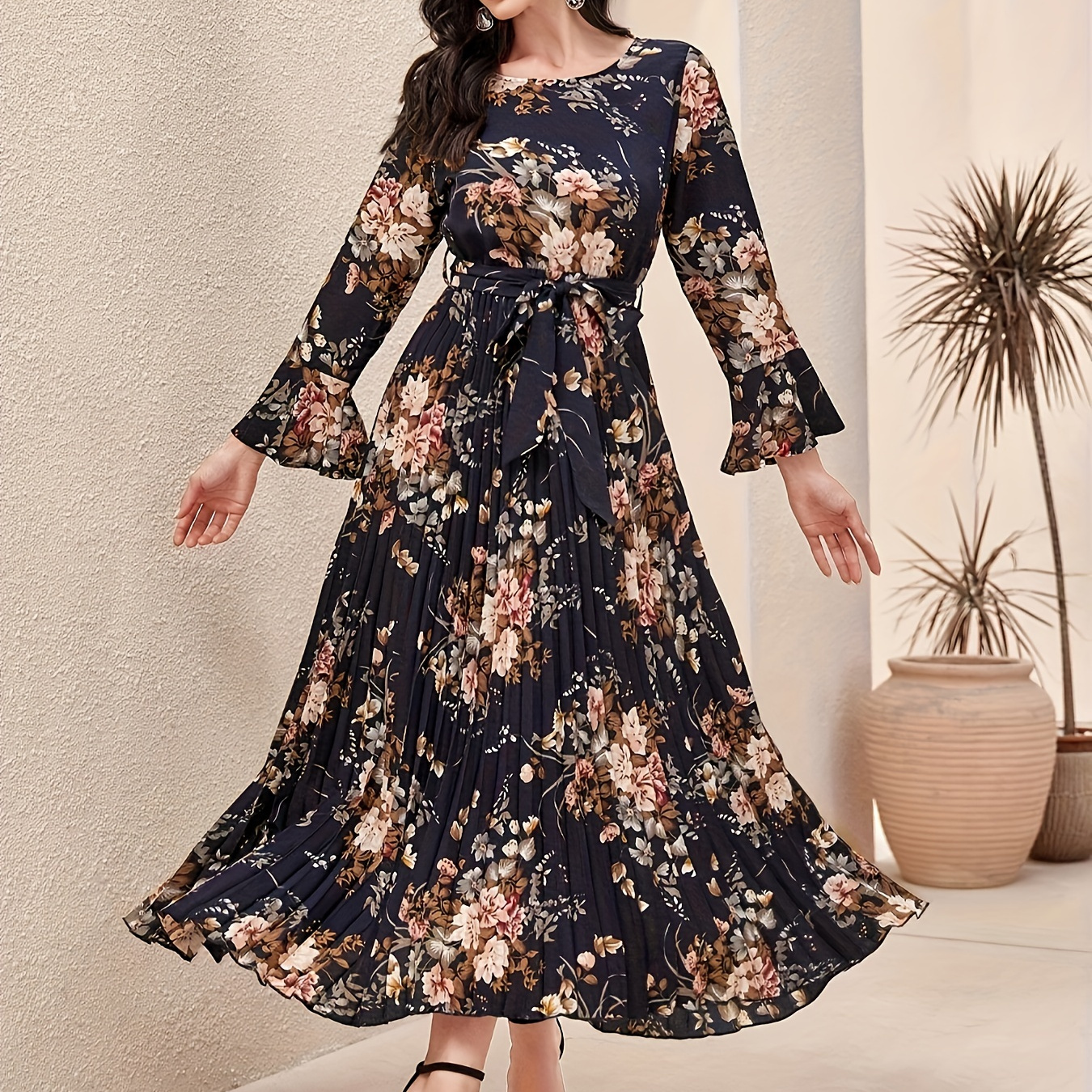 

Floral Print Crew Neck Dress, Elegant Tie Waist Long Sleeve Dress For Spring & Fall, Women's Clothing
