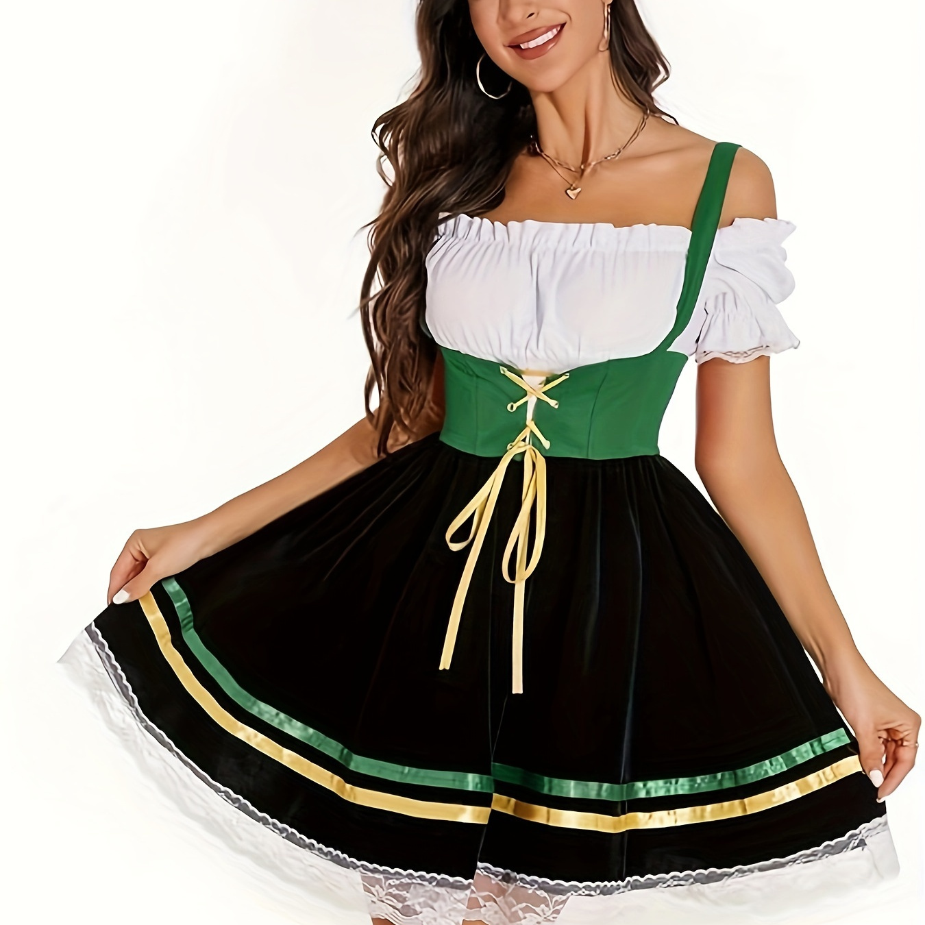 

Color Block Lace Up Bavarian Dress, Chic Lettuce Trim Cold Shoulder Puffy Cami Dress For Spring & Summer, Women's Clothing