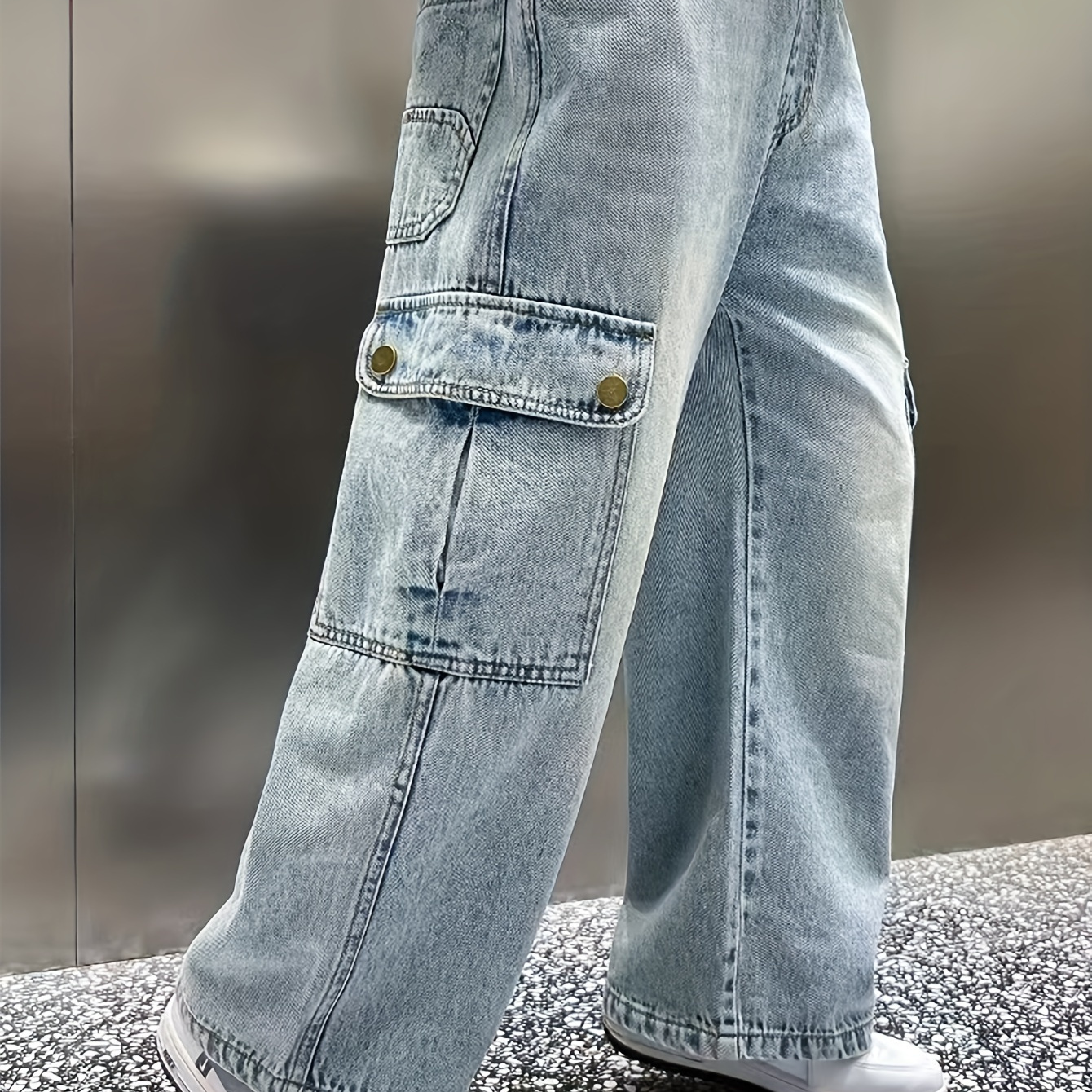 

Teen Boys Casual Cotton Blend Cargo Pants With Multi Pockets And Elastic Waist, Mid Waist Loose Straight Denim Jeans For All Seasons