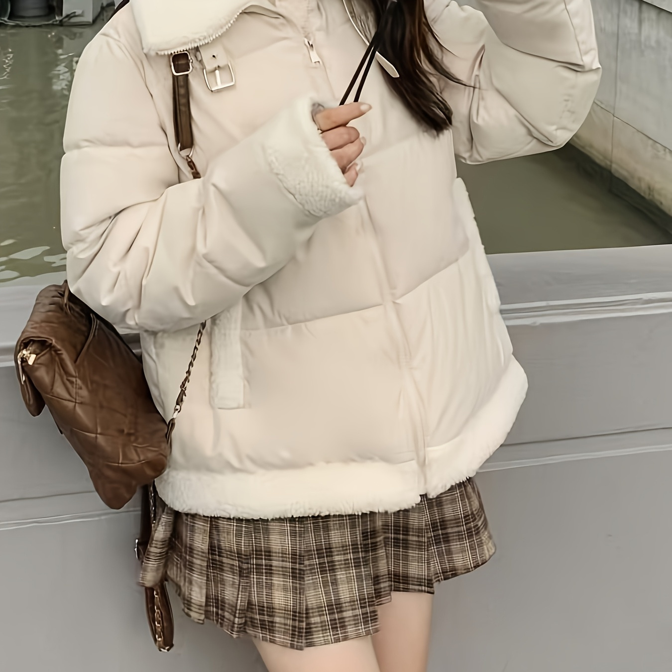 

Women's Chic Winter Coat - , Padded, Stand Collar With Fluffy Trim, , Long Sleeves, Polyester, Scenic Winter Wear|padded Casual Jacket|woven Texture Coat, Winter Jacket