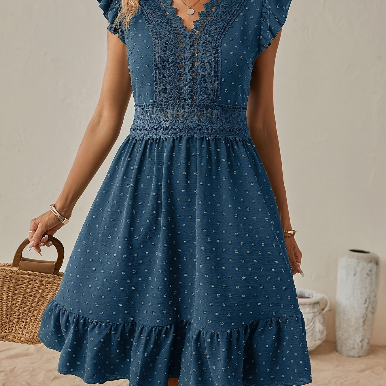 

Swiss Dot Lace Splicing Dress, Elegant Ruffle Trim V-neck Aline Dress For Spring & Summer, Women's Clothing