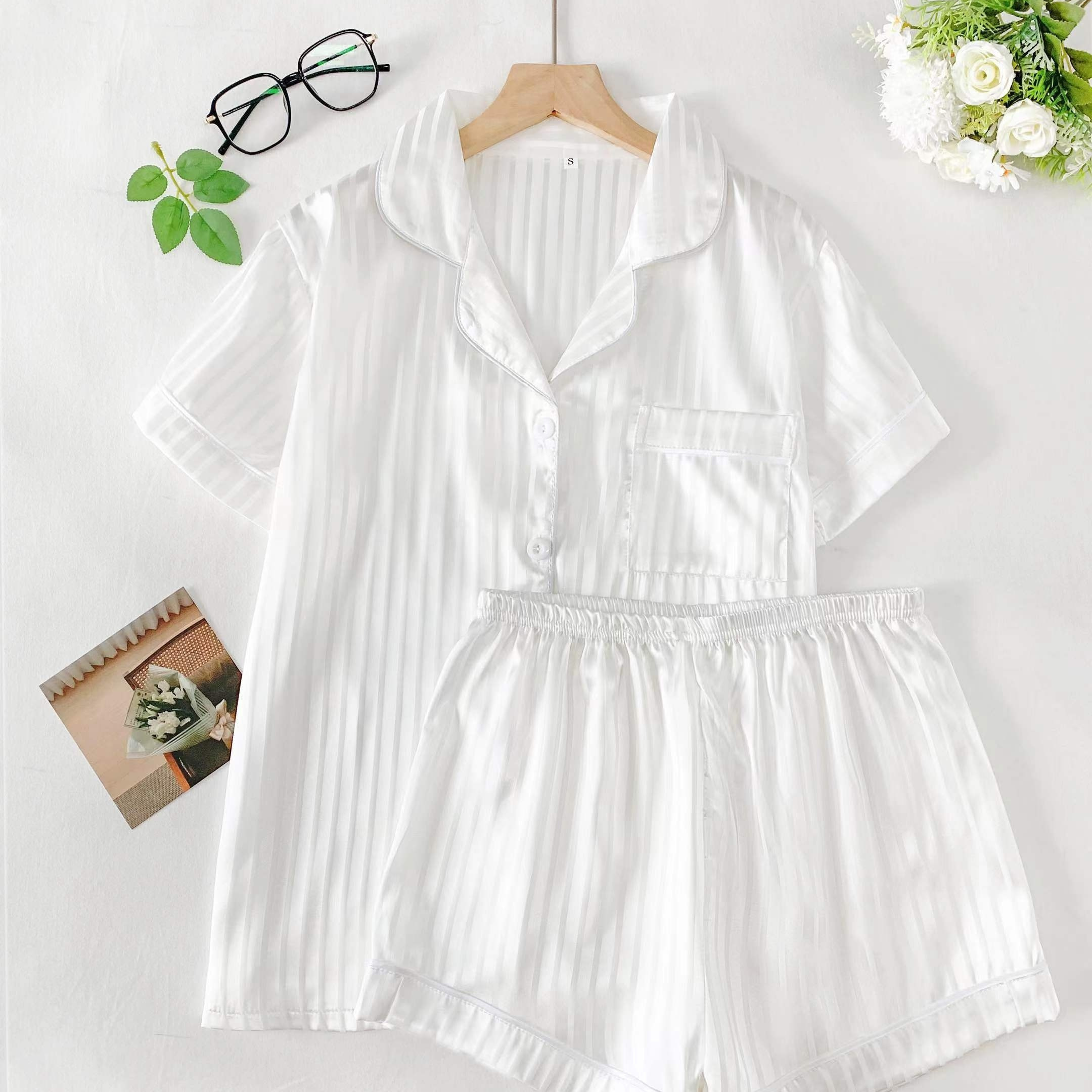 

Women's Striped Satin Casual Pajama Set, Short Sleeve Buttons Lapel Top & Shorts, Comfortable Relaxed Fit, Summer Nightwear