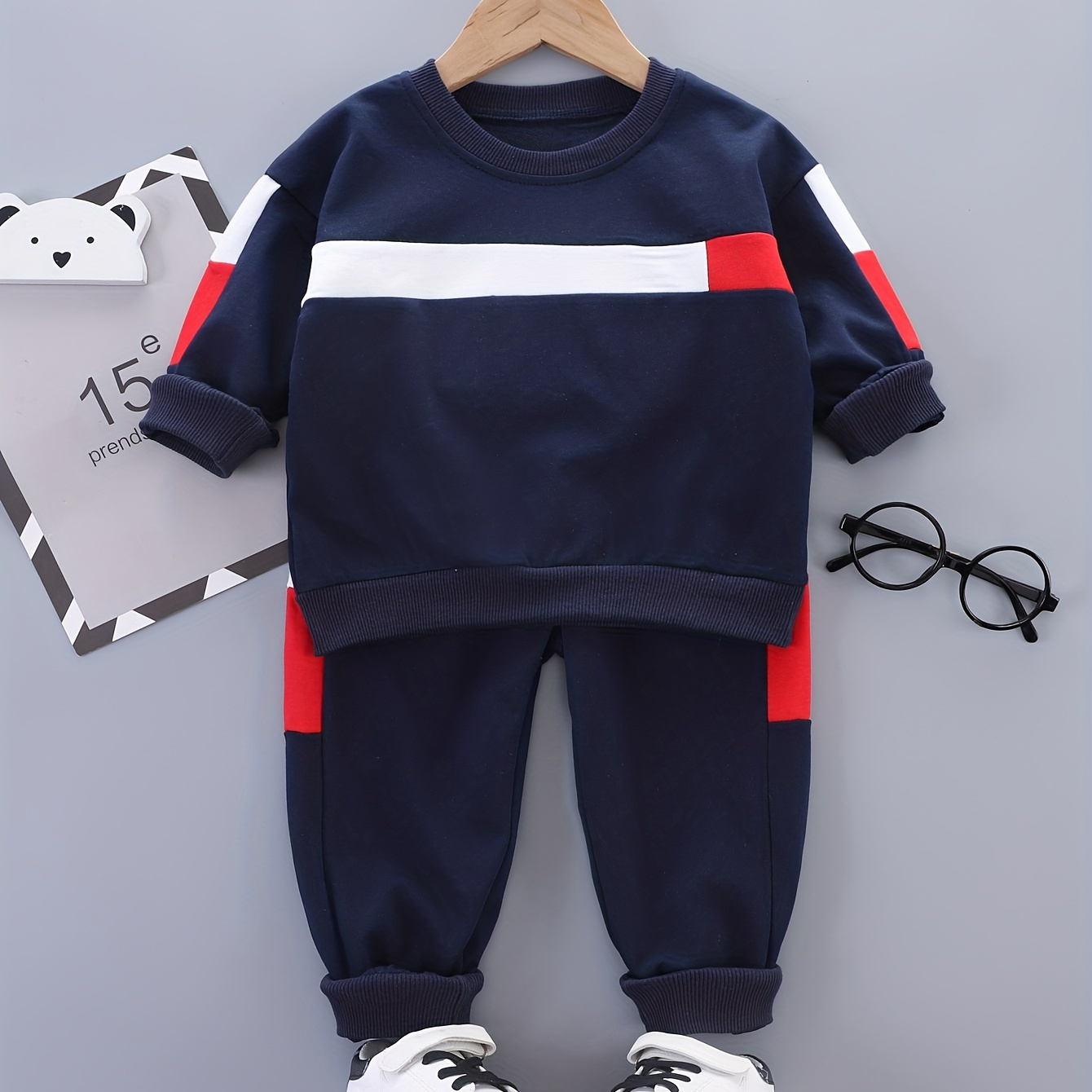 

2pcs Boy's Color Clash Stripe Stitching Outfit, Sweatshirt & Sweatpants Set, Casual Long Sleeve Top, Kid's Clothes For Spring Fall Winter, As Gift