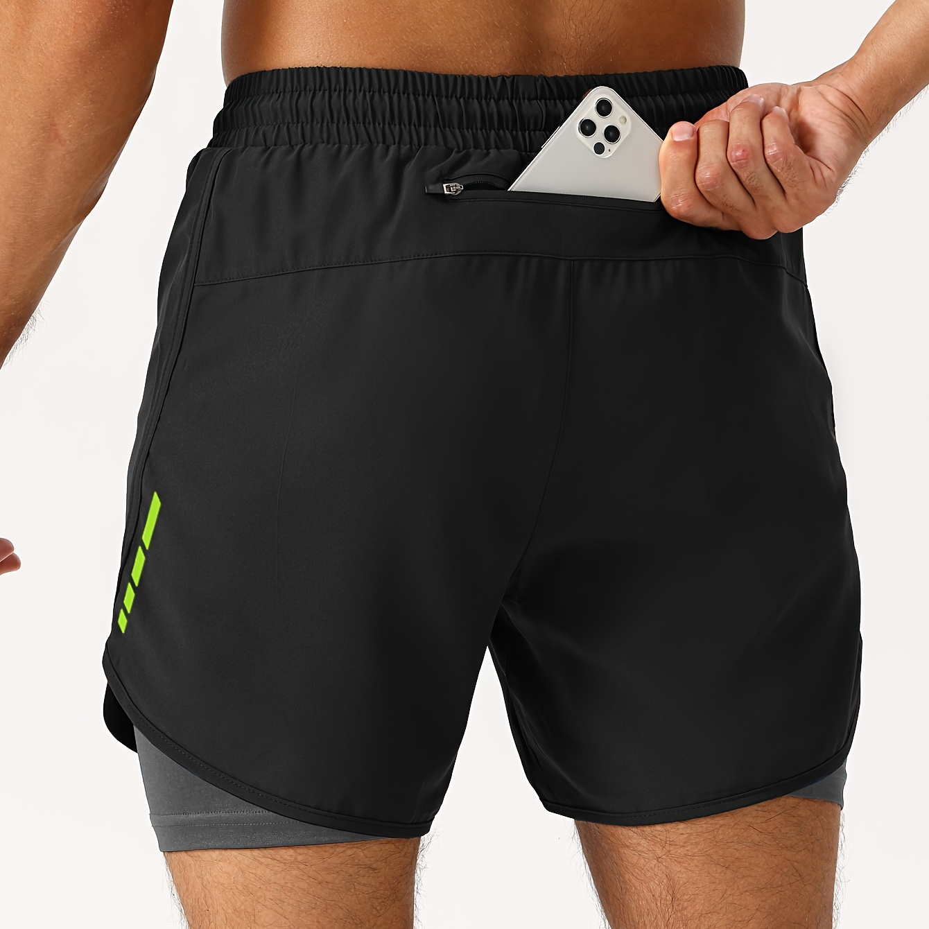 

Men's 2 In 1 Sports Shorts With Zippered Back Pocket, Casual Trendy Shorts For Summer Outdoors