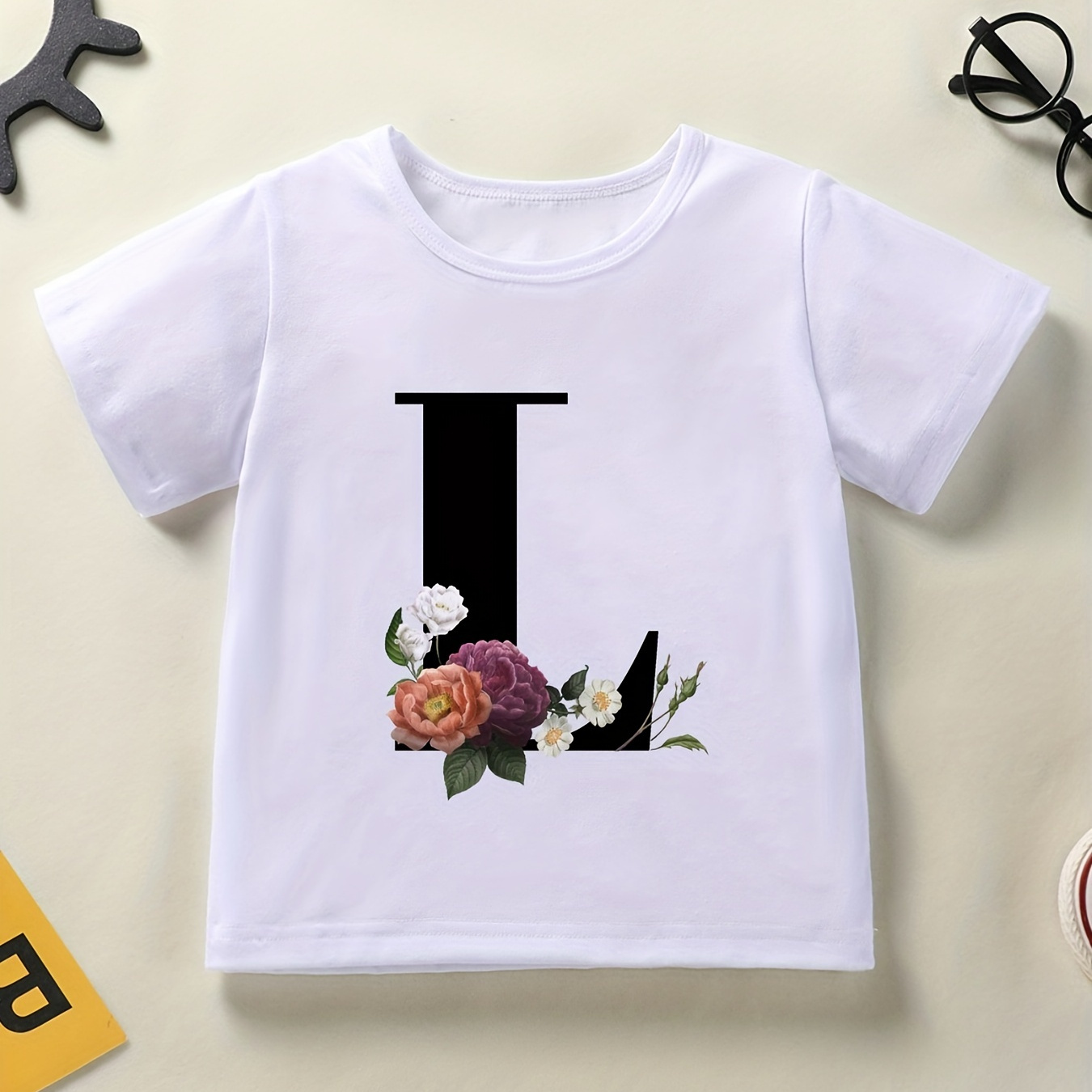 

Girls Floral Letter ''l'' Graphic T-shirt Casual Short Sleeve Tees Crew Neck Comfort Fit For Daily Outfit Leisure Kids Summer Tops Clothes