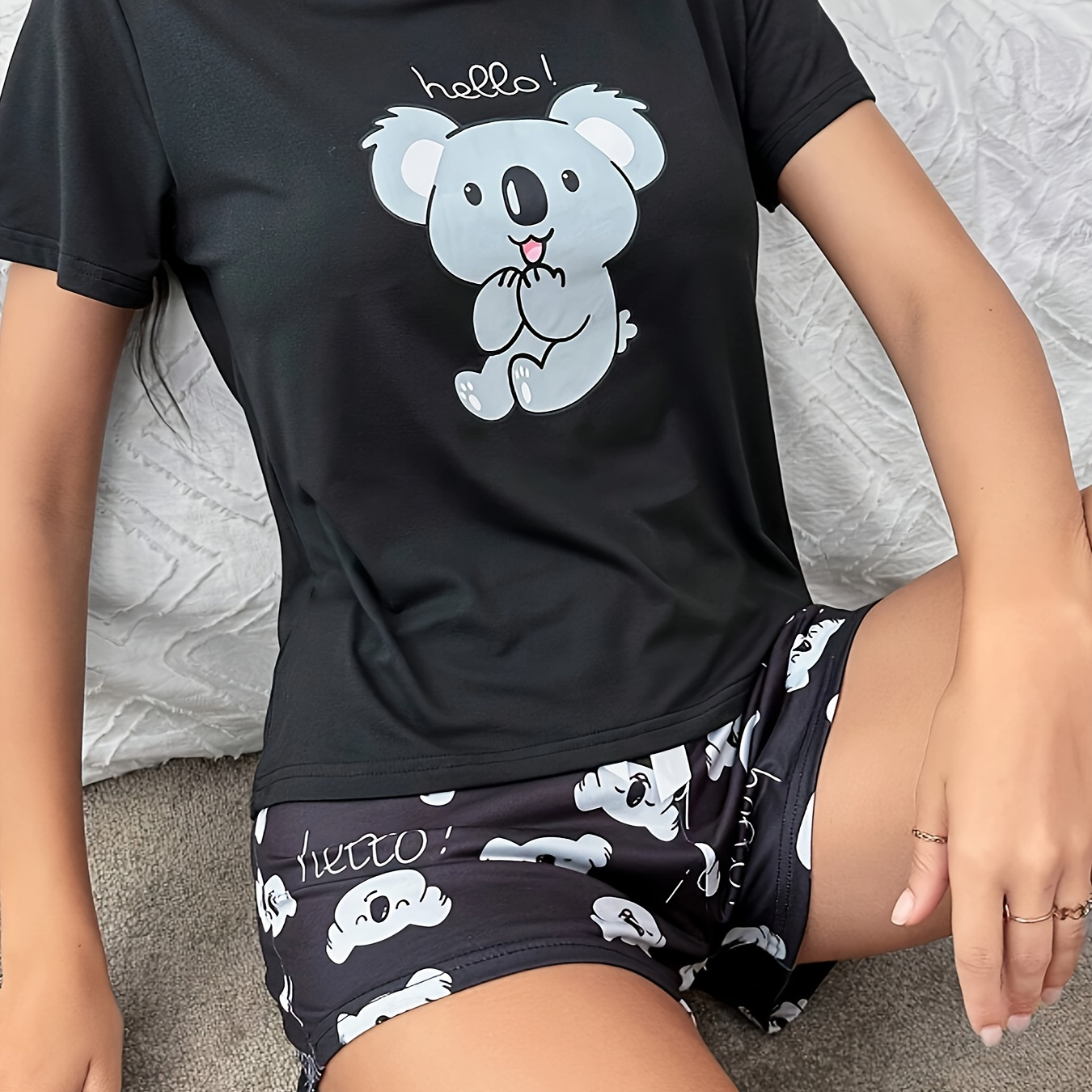 

Cute Koala & Letter Print Pajama Set, Short Sleeve Round Neck Top & Bow Shorts, Women's Sleepwear