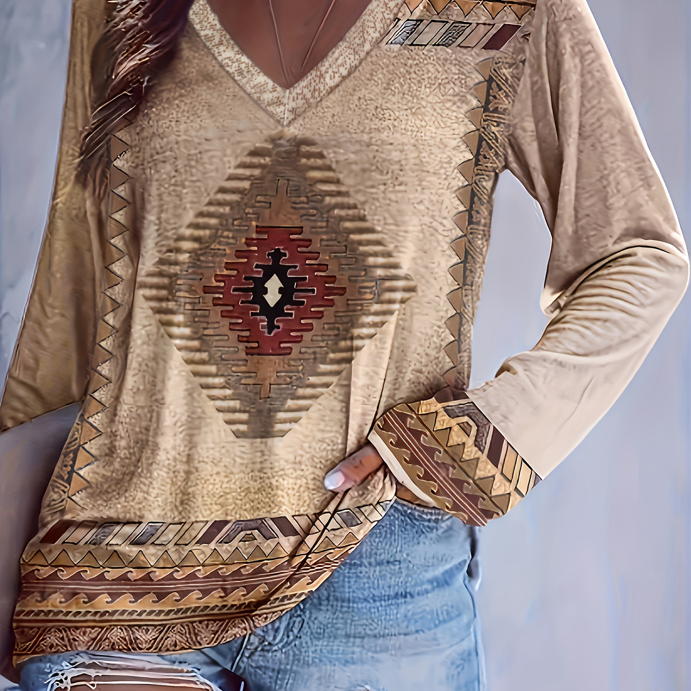 

Geometric Print V Neck T-shirt, Casual Long Sleeve Top For Spring & Fall, Women's Clothing