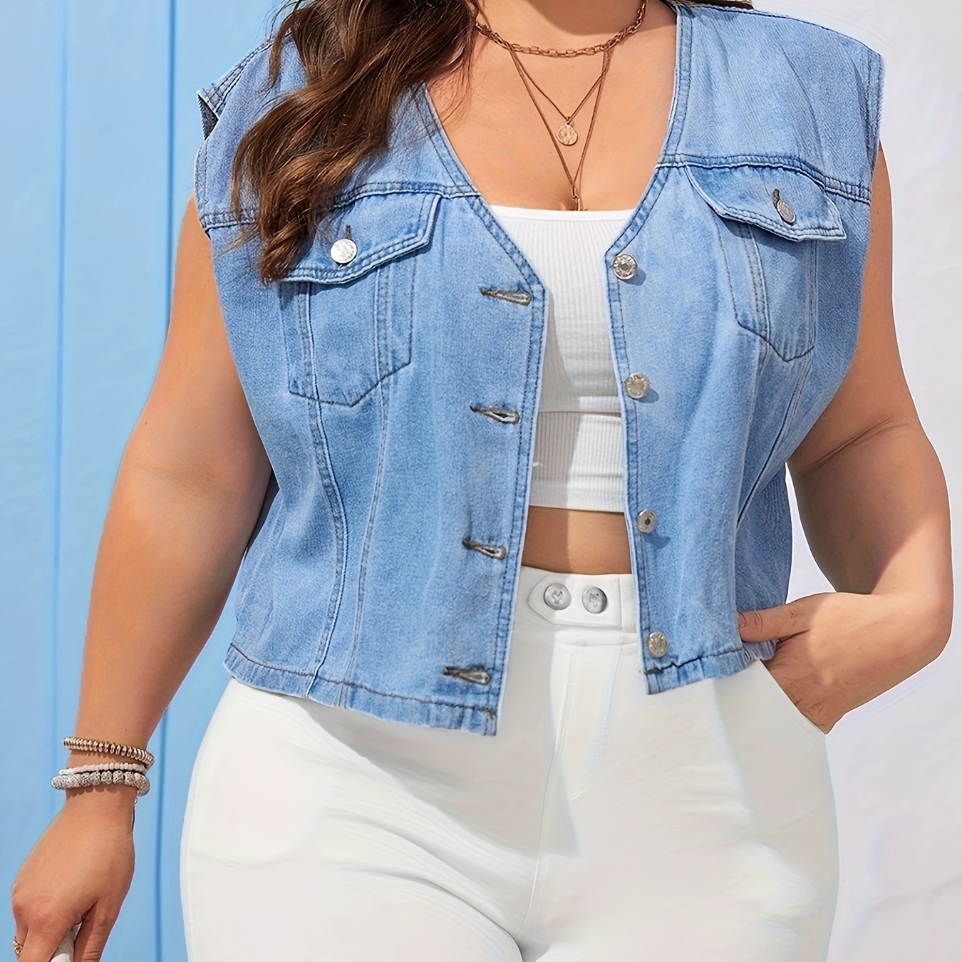 

Women's Plus Size Fashion Distressed Denim Vest, Casual Sleeveless Jacket With Pockets & V-neck, Street Style Light Blue Jean Outerwear - Perfect For Fall & Winter For Fall & Winter