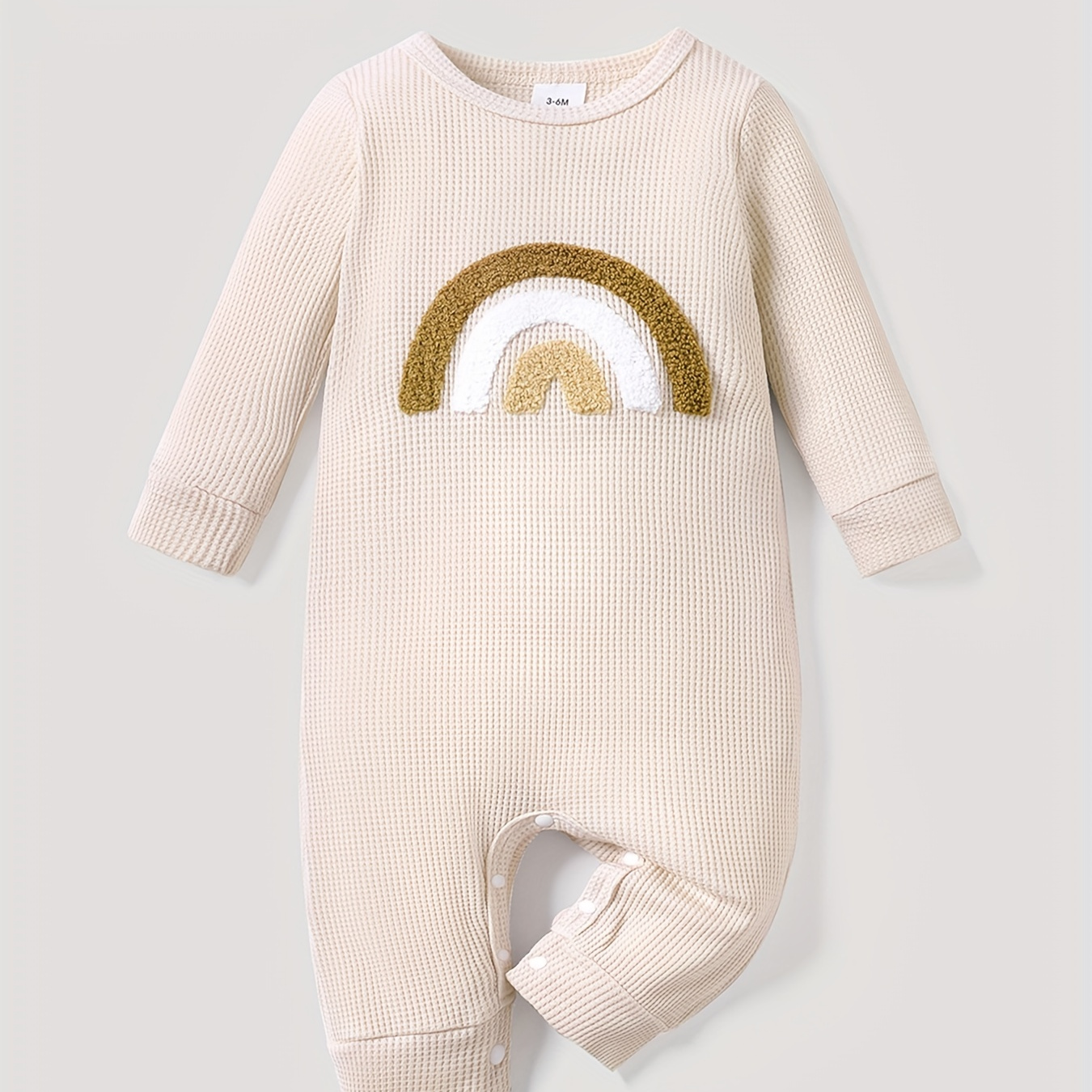 

Patpat Baby Girl/boy Rainbow Embroidered Round Neck Long-sleeve Waffle Jumpsuit For Spring & Autumn/fall