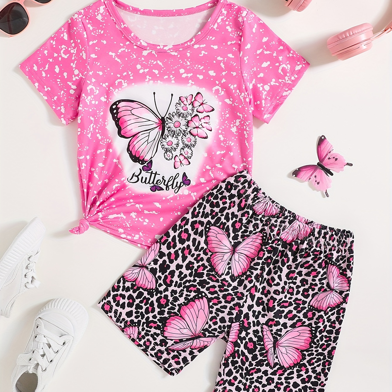 

Elegant Butterfly Print Girl's Set Casual Short Sleeve Top + Leopard Biker Shorts Holiday Leisure Summer Outfits