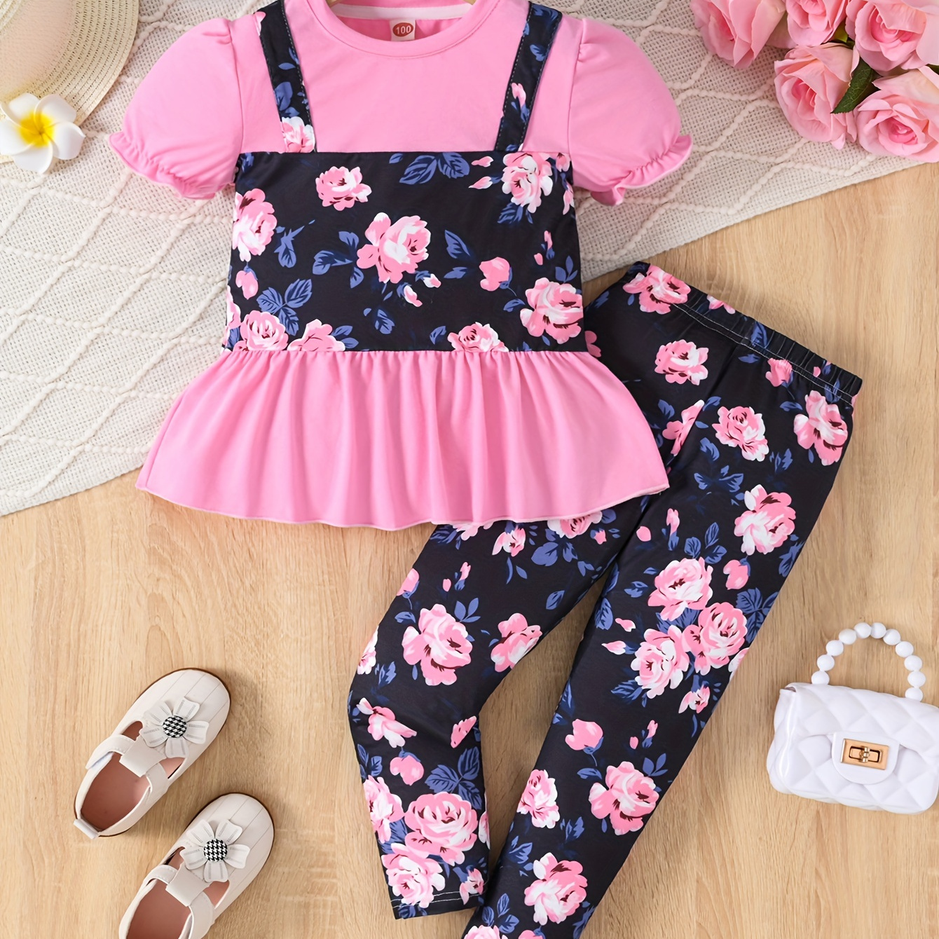 

Sweet Girls 2pcs Splicing Flora Graphic Outfits Set Party Outdoor Gift