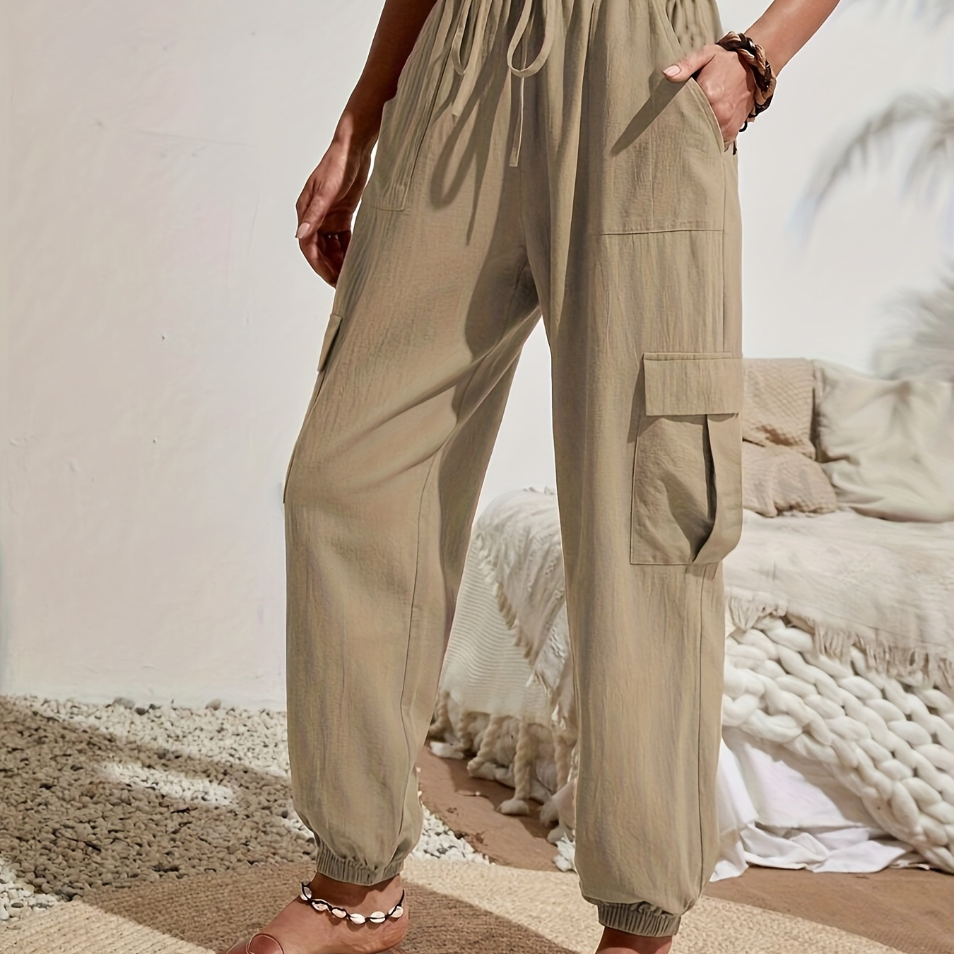 

Flap Pockets Jogger Pants, Casual Loose Tied Pants For Spring & Summer, Women's Clothing