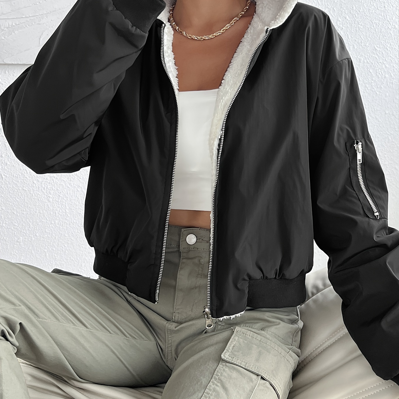 

Zip-up Faux Fur Lined Warm Jacket, Casual Long Sleeve Hoodie Jacket For Fall & Winter, Women's Clothing