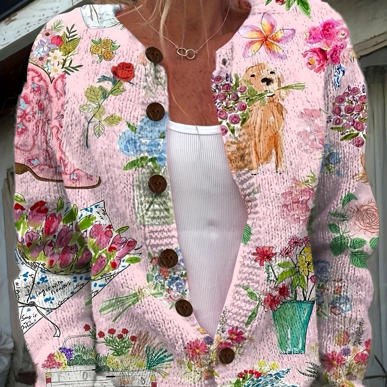 

Cardigan Léger à Imprimé Floral pour Femme avec Design Chien 3D - Veste en Rose à Boutons, Manches Longues, Polyester, Tenue Décontractée pour & , Cardigan Léger