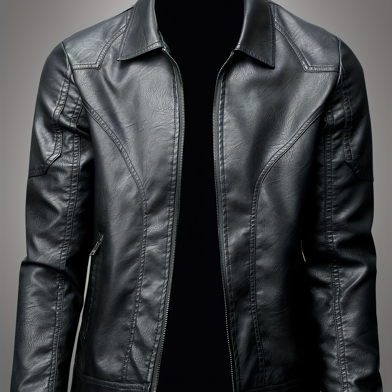 

Leather Jacket - Slim Fit, Zip-up, Solid Color With Lapel Collar For Spring & Fall