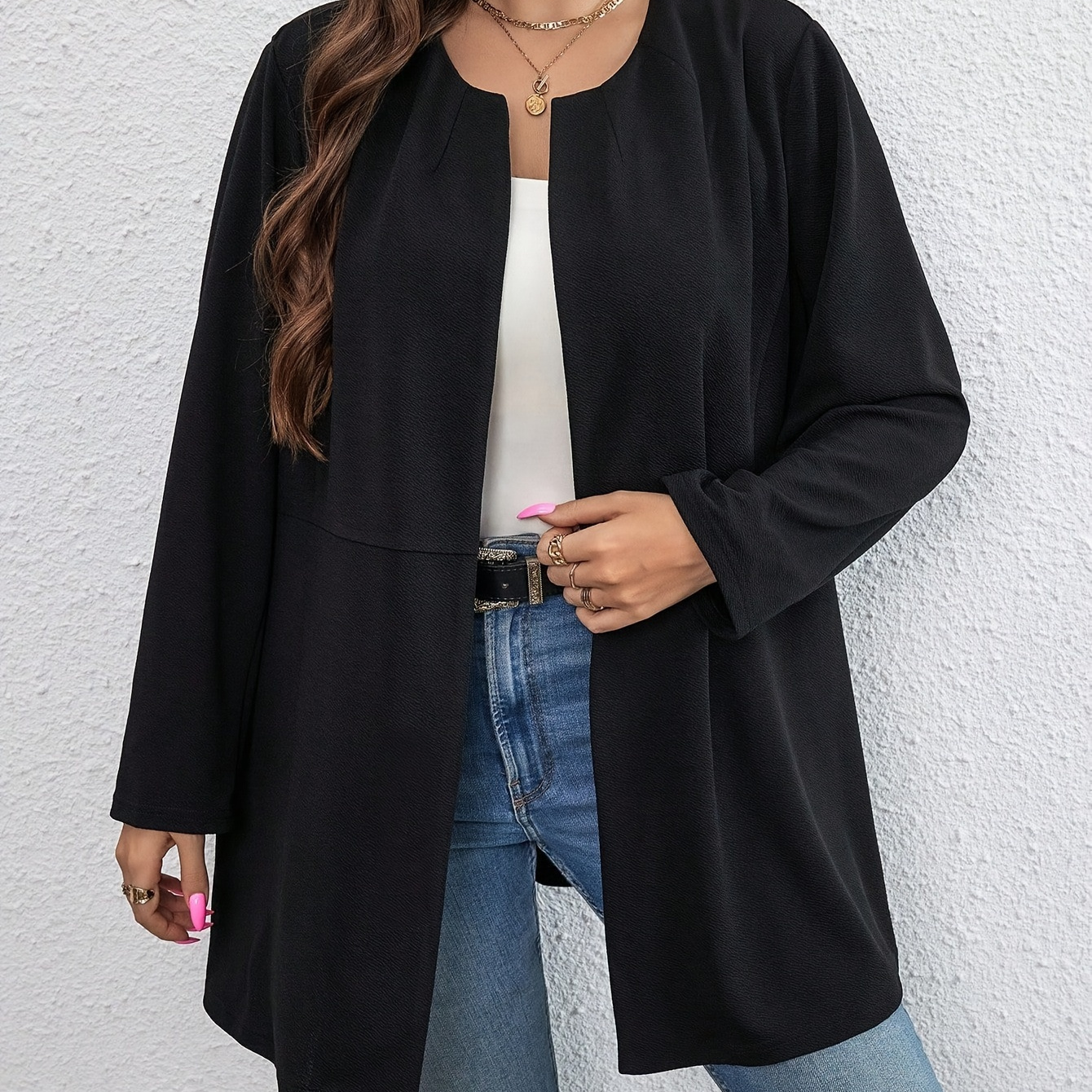 Plus Size Elegant Coat Women's Plus Solid Long Sleeve Open - Temu