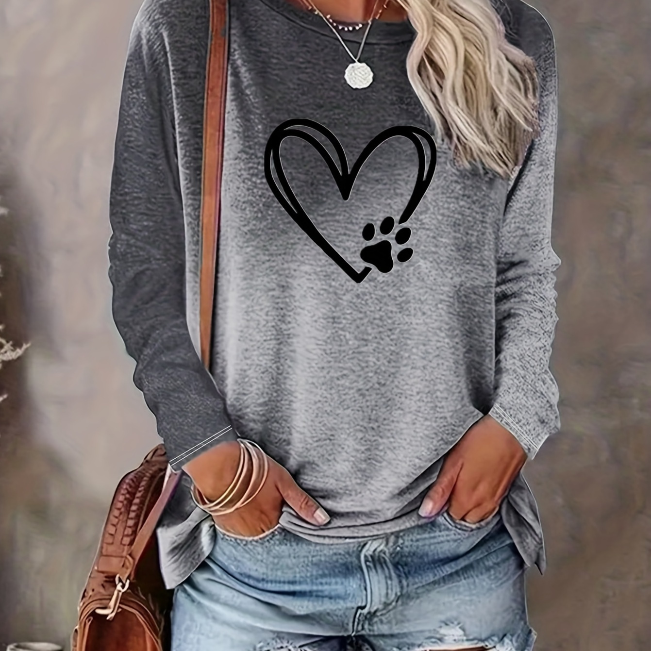 

Plus Size Casual Top, Women's Plus Ombre & Heart & Paw Print Long Sleeve Round Neck Top
