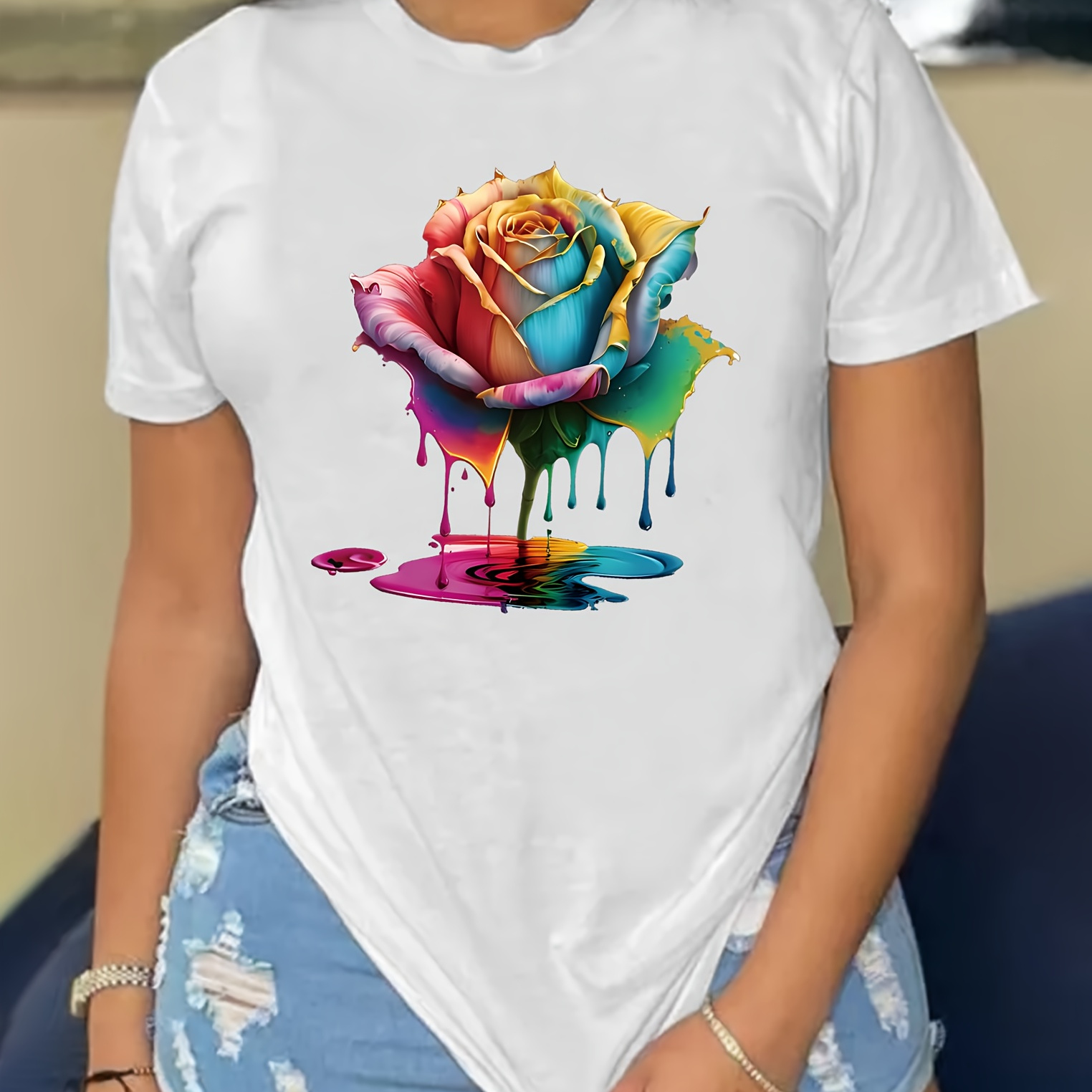 

T-shirt Imprimé Graphique Avec Des Roses Colorées, Manches Courtes, Col Rond, Haut Décontracté Pour L'été Et Le Printemps, Vêtements Pour Femmes