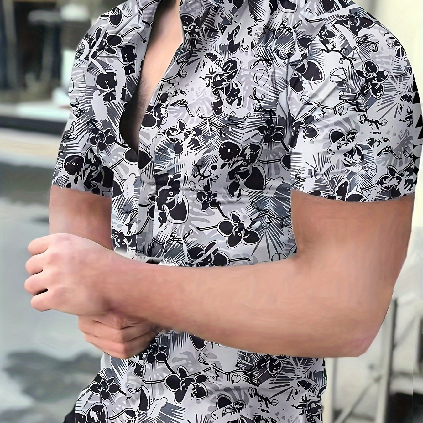 

Chemise À Revers Boutonnée À Manches Courtes Pour Hommes, Motif Floral Noir Et Blanc, Pour Les Vacances D'été, Style Hawaïen