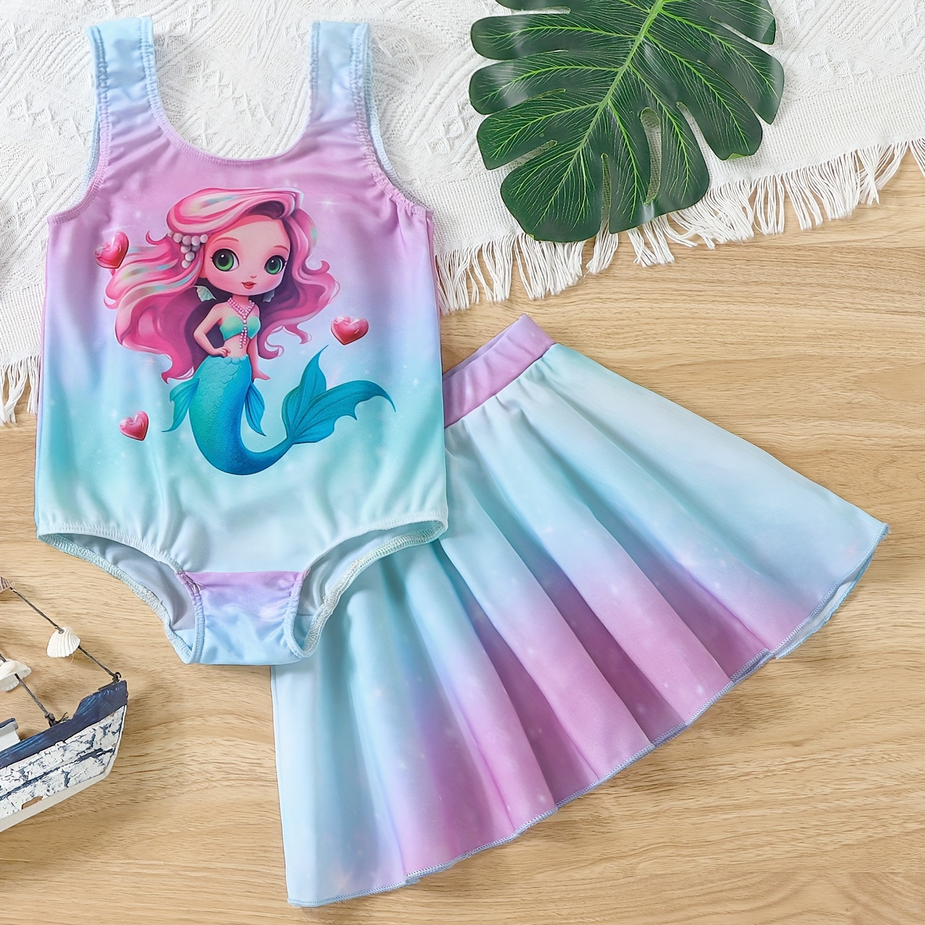 

Mermaid Cartoon Girl's Swimsuit Set, Sleeveless 1pc Swimsuit + Swim Skirt, Beach Seaside Pool Bathing Suits