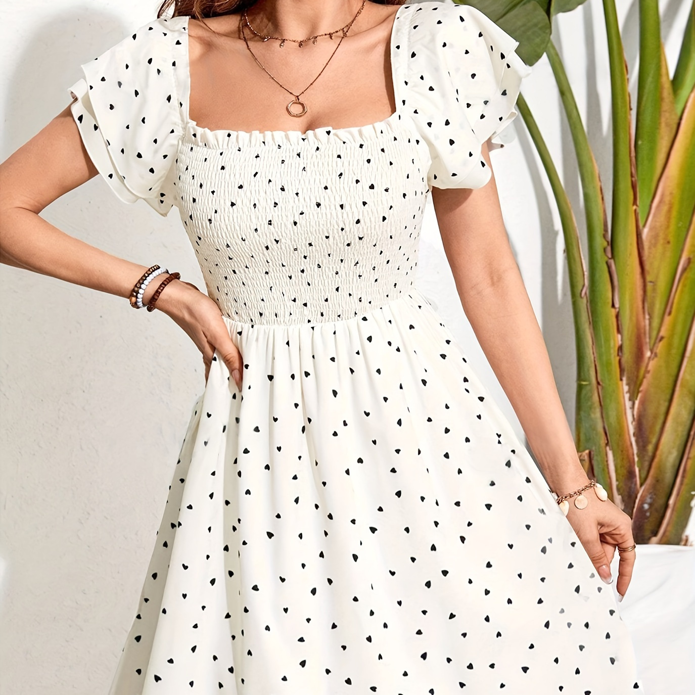 

Heart Print Layered Flutter Sleeve Dress, Elegant Shirred Square Neck Dress For Spring & Summer, Women's Clothing