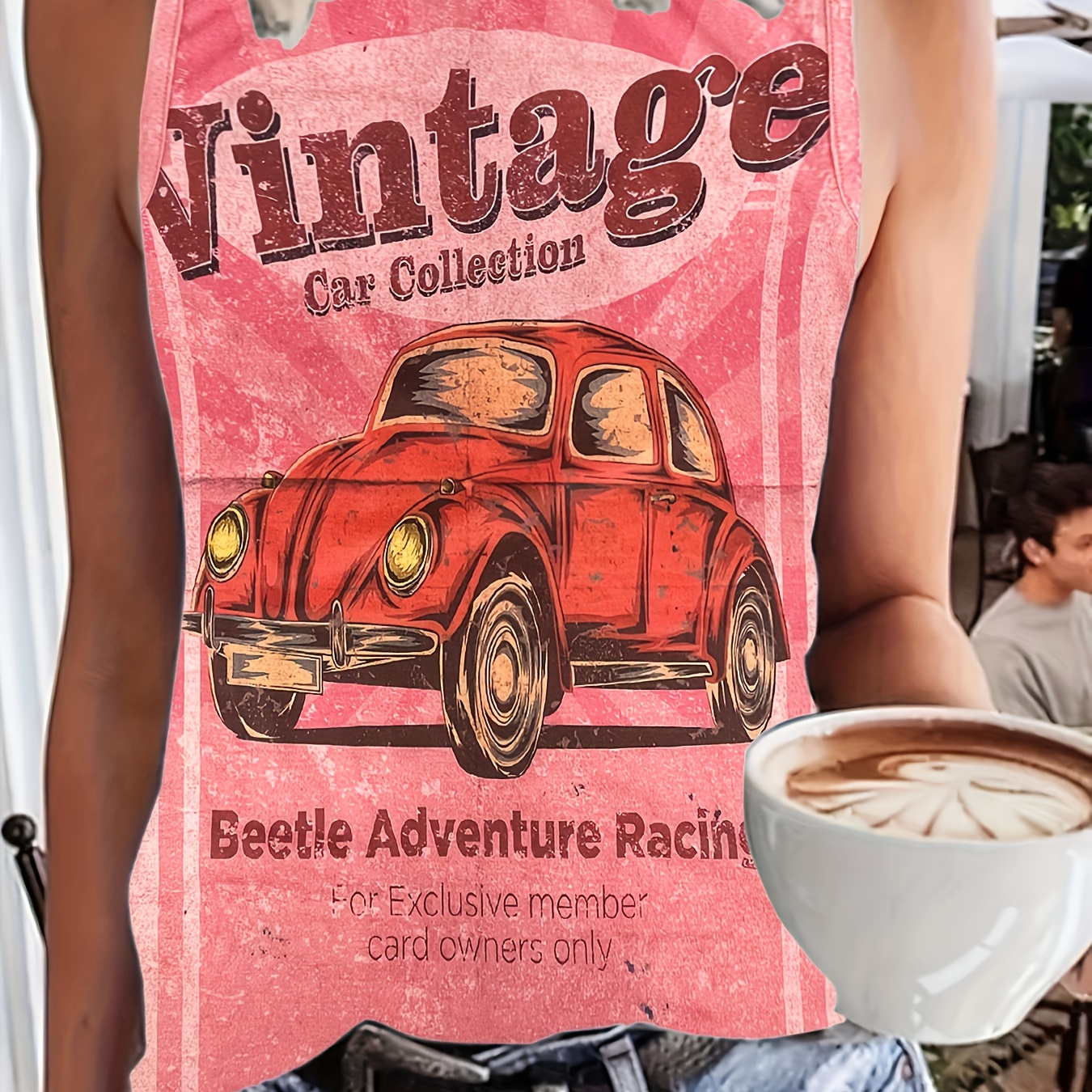 

Letter & Car Print Casual Tank Top, Vintage Sleeveless Crew Neck Loose Summer Top, Women's Clothing