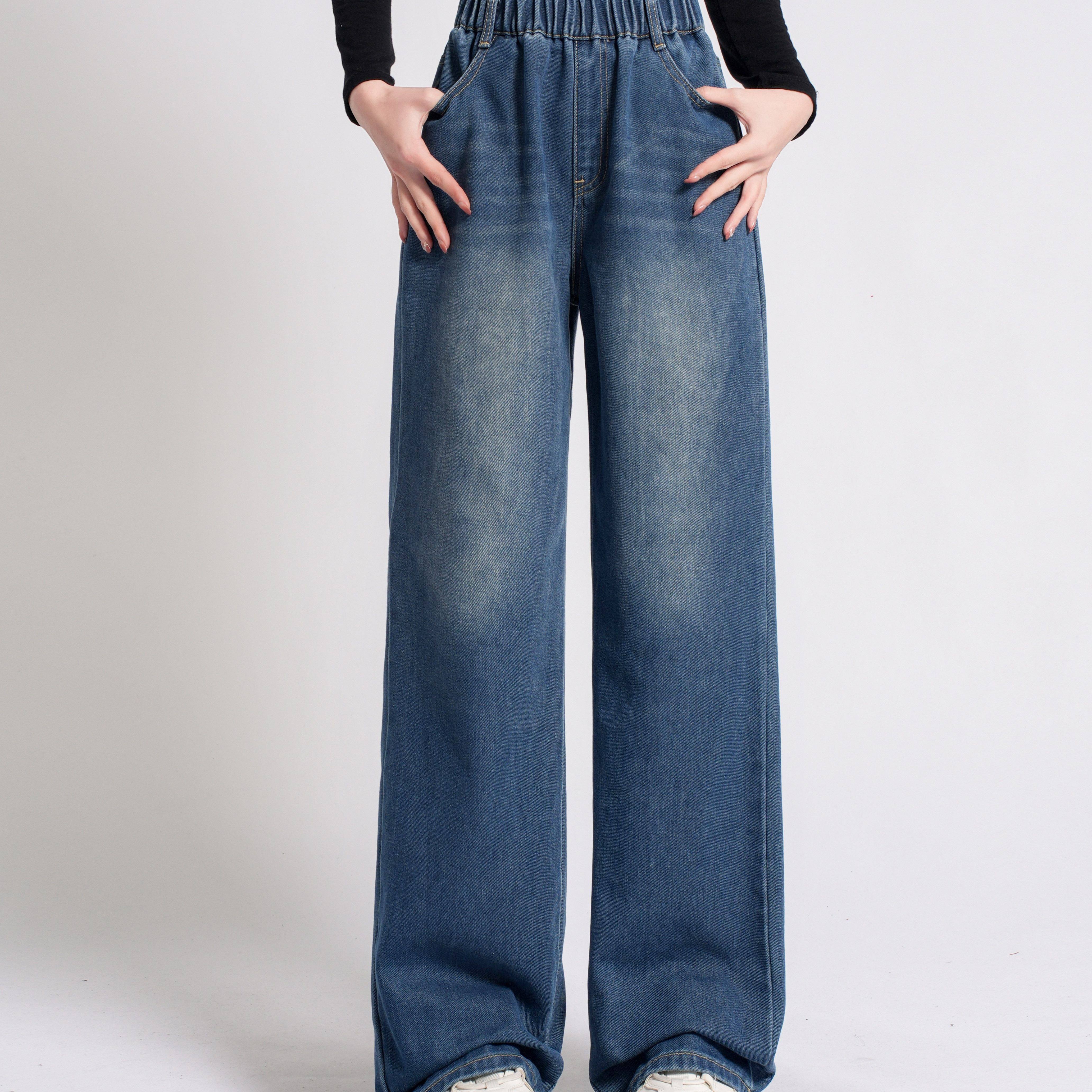 

Chic High-waist Straight-leg Jeans For Teens - Stretch Denim With Waistband, Machine Washable, Solid Color